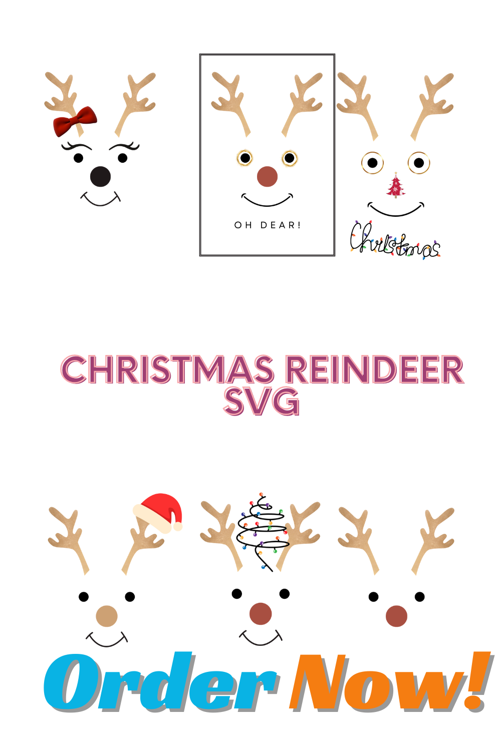Reindeer SVG, Reindeer Face Svg, Christmas Reindeer Svg, Rudolph reindeer svg, Xmas reindeer svg, Santa reindeer, DXF Cricut cut file vector pinterest preview image.