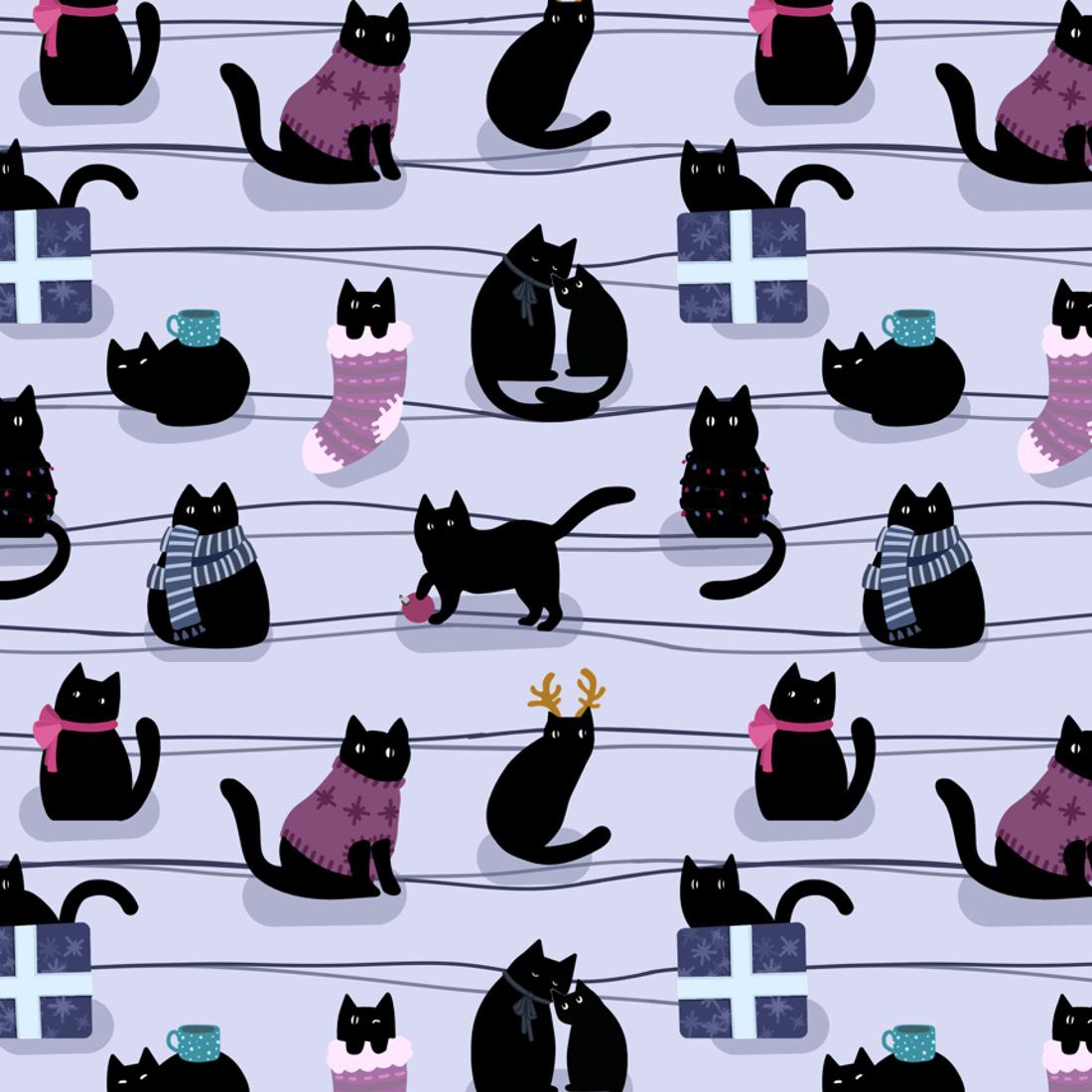 A Christmas pattern with black cats preview image.