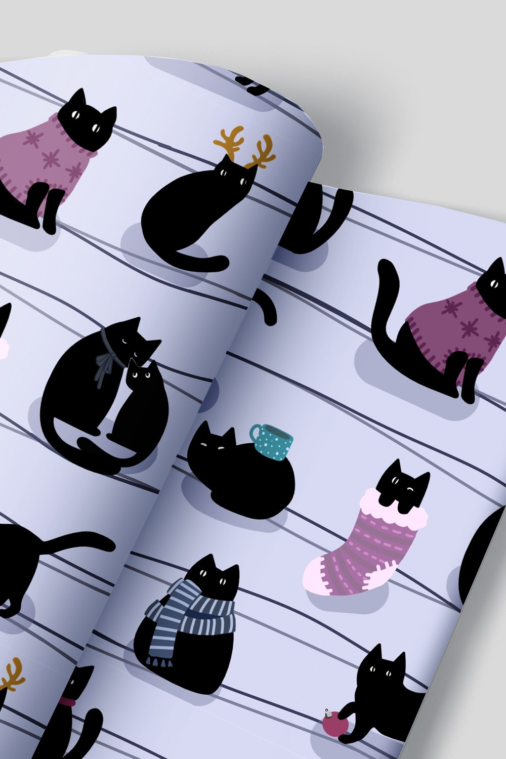 A Christmas pattern with black cats pinterest preview image.