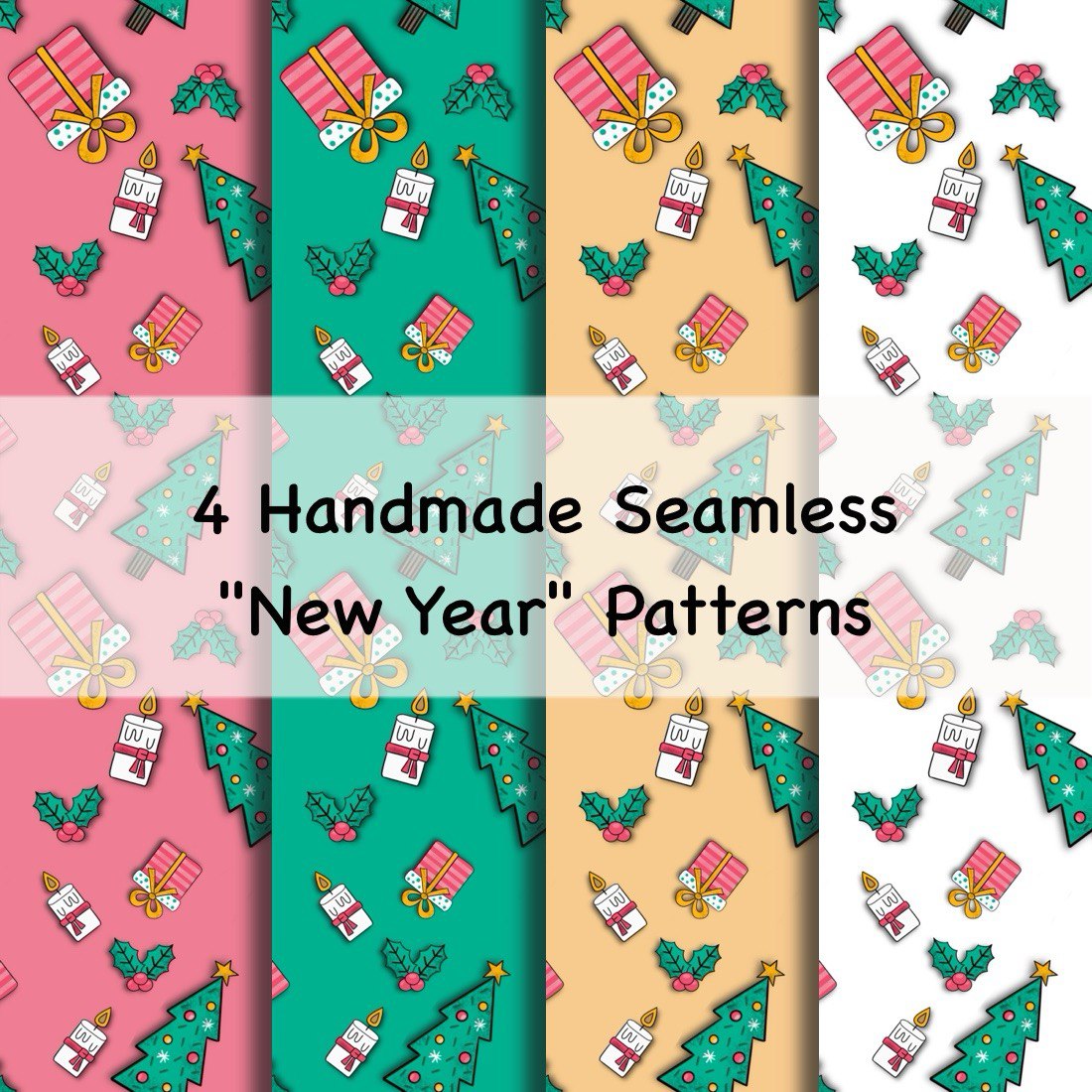 4 Hand drawn Seamless New Year Patterns pinterest preview image.