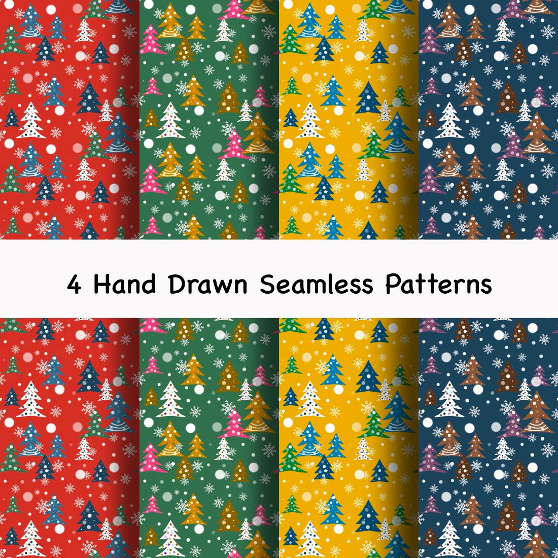 4 Seamless Hand Drawn Patterns Christmas trees herringbone preview image.