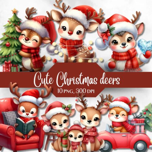 Christmas deers clip art bundle cover image.