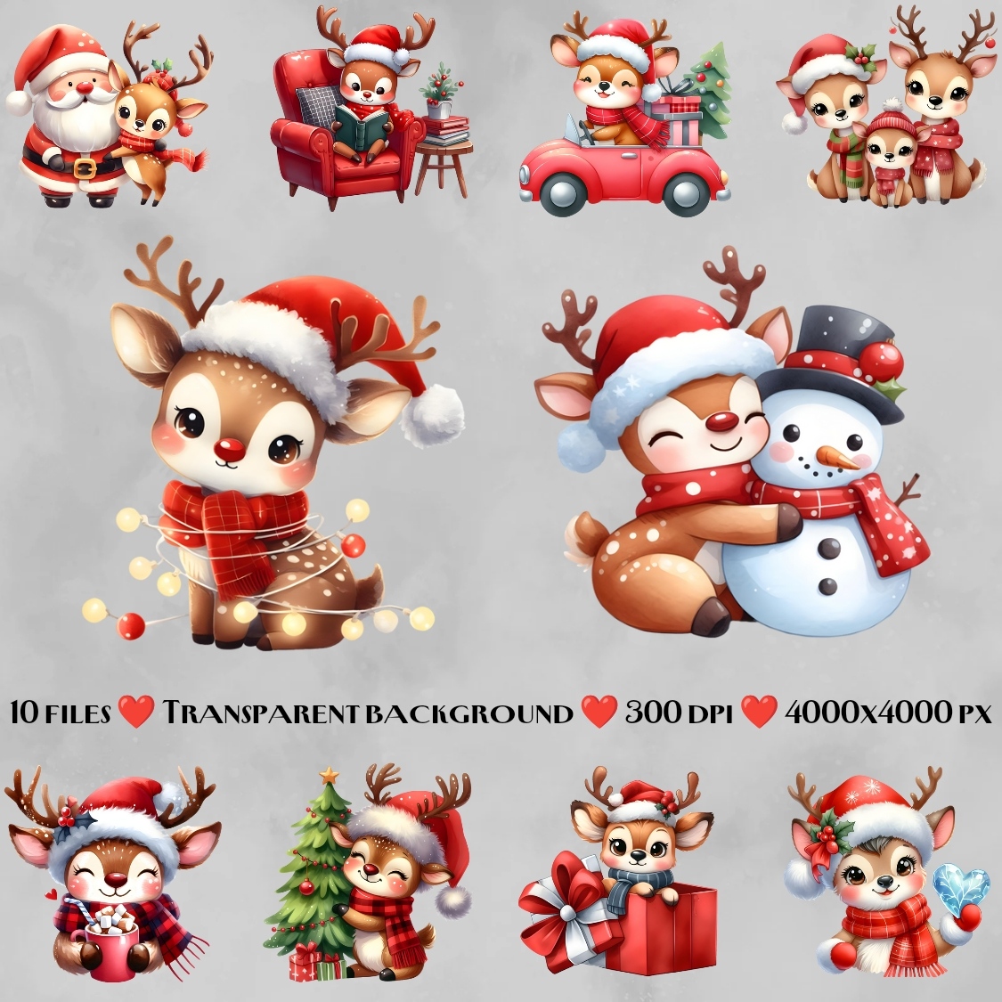 Christmas deers clip art bundle preview image.
