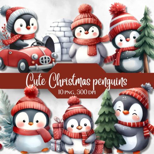 Cute Christmas penguins clip art bundle cover image.