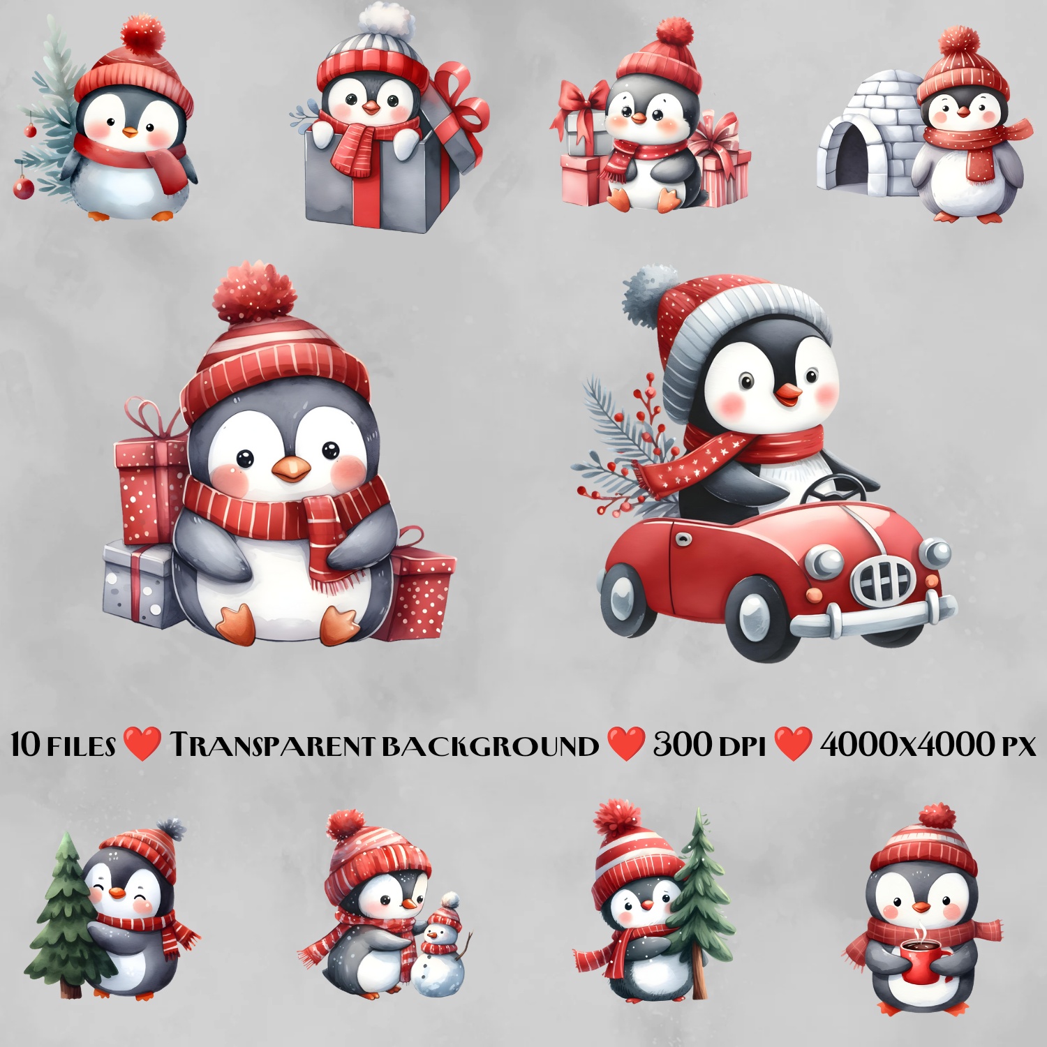 Cute Christmas penguins clip art bundle preview image.