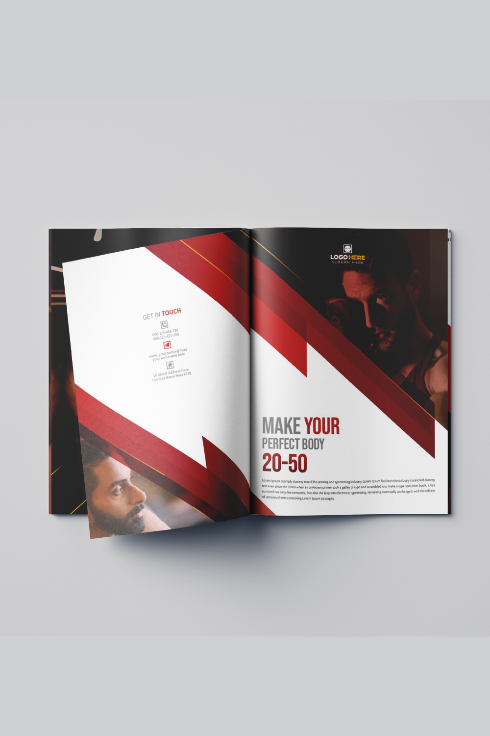 Modern red color fitness and gym bifold brochure template pinterest preview image.