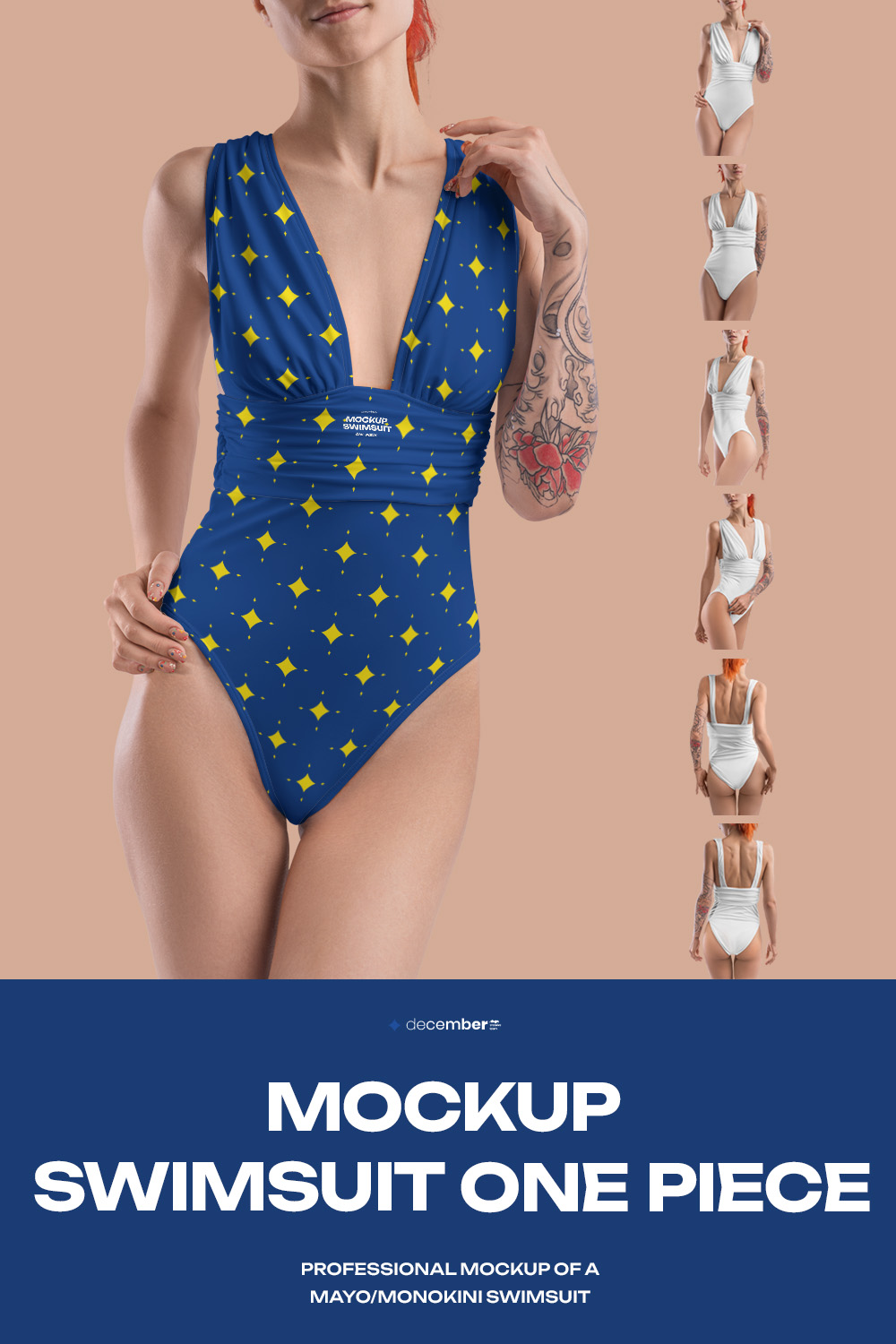 6 Mockups of a One Piece Women's Swimsuit pinterest preview image.