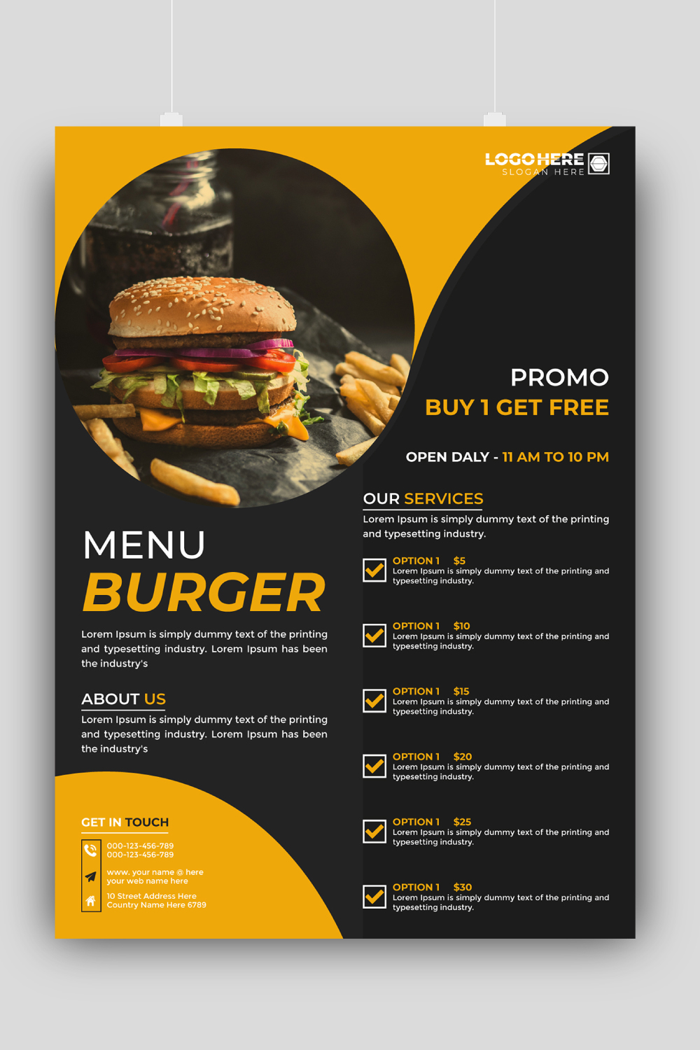 Restaurant burger flyer template Creative menu design for your restaurant pinterest preview image.