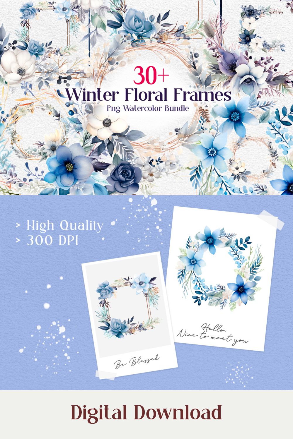 Winter Floral Frames Sublimation Clipart PNG Bundle pinterest preview image.