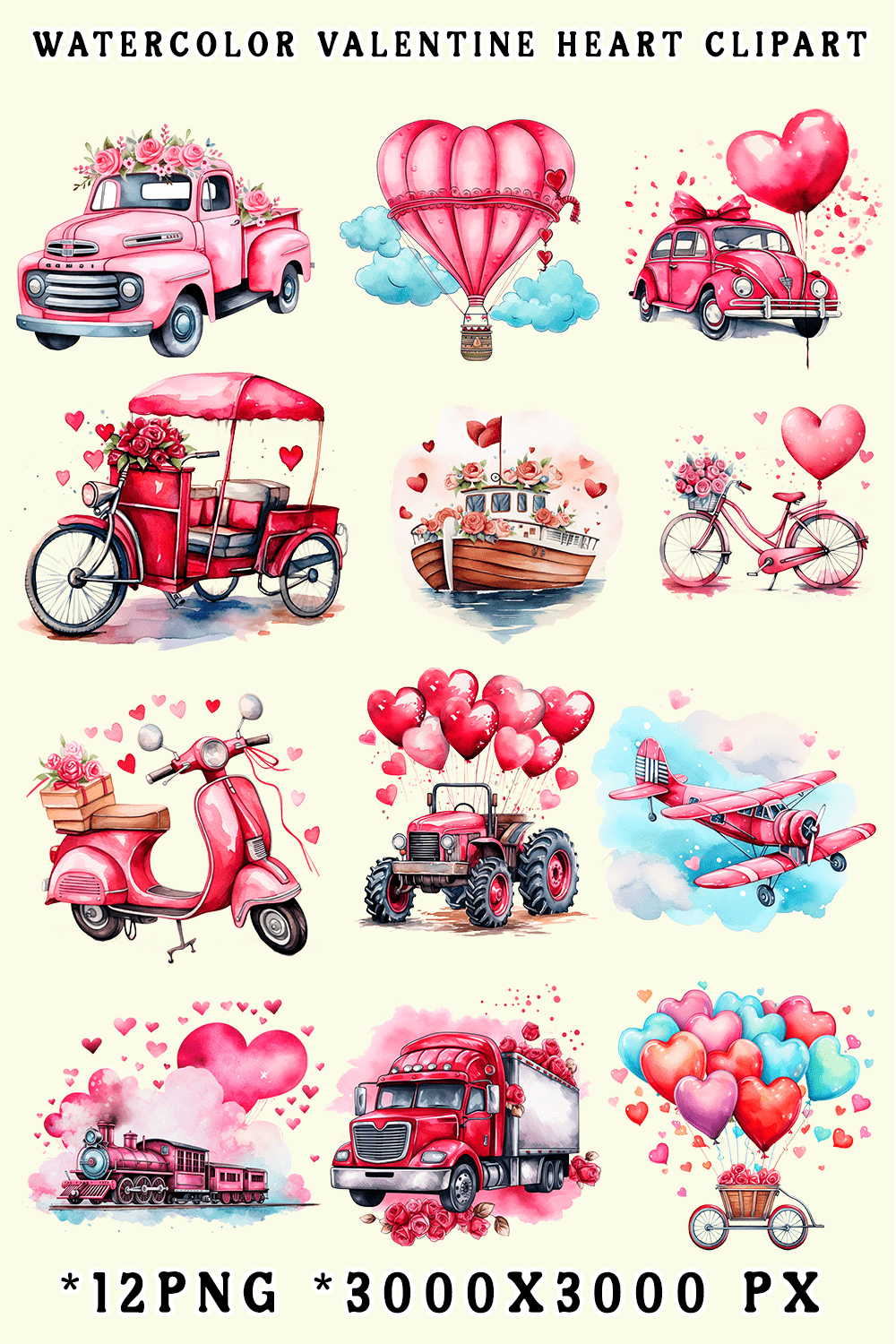 Watercolor Valentine's Vehicles Clipart pinterest preview image.