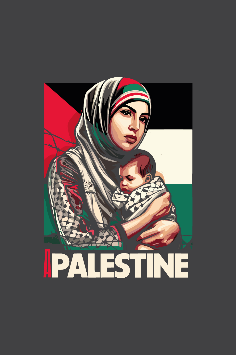 t-shirt depicting the suffering and struggle of Palestine with letter or flag on white background pinterest preview image.