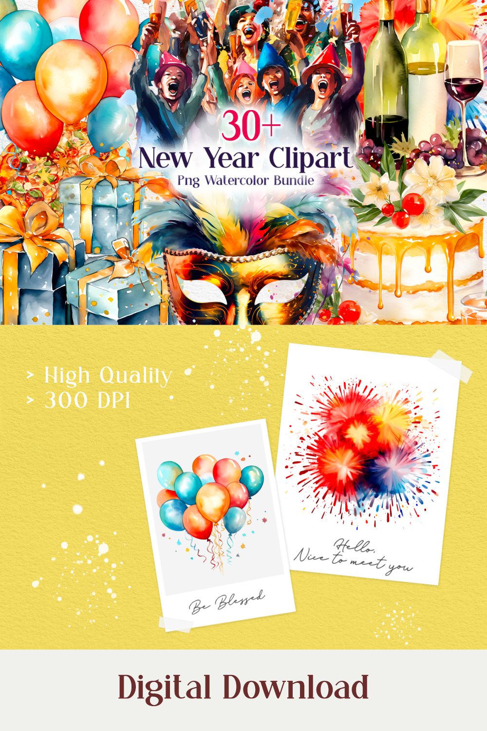 New Year Sublimation Clipart Bundle, New Year PNG Watercolor pinterest preview image.