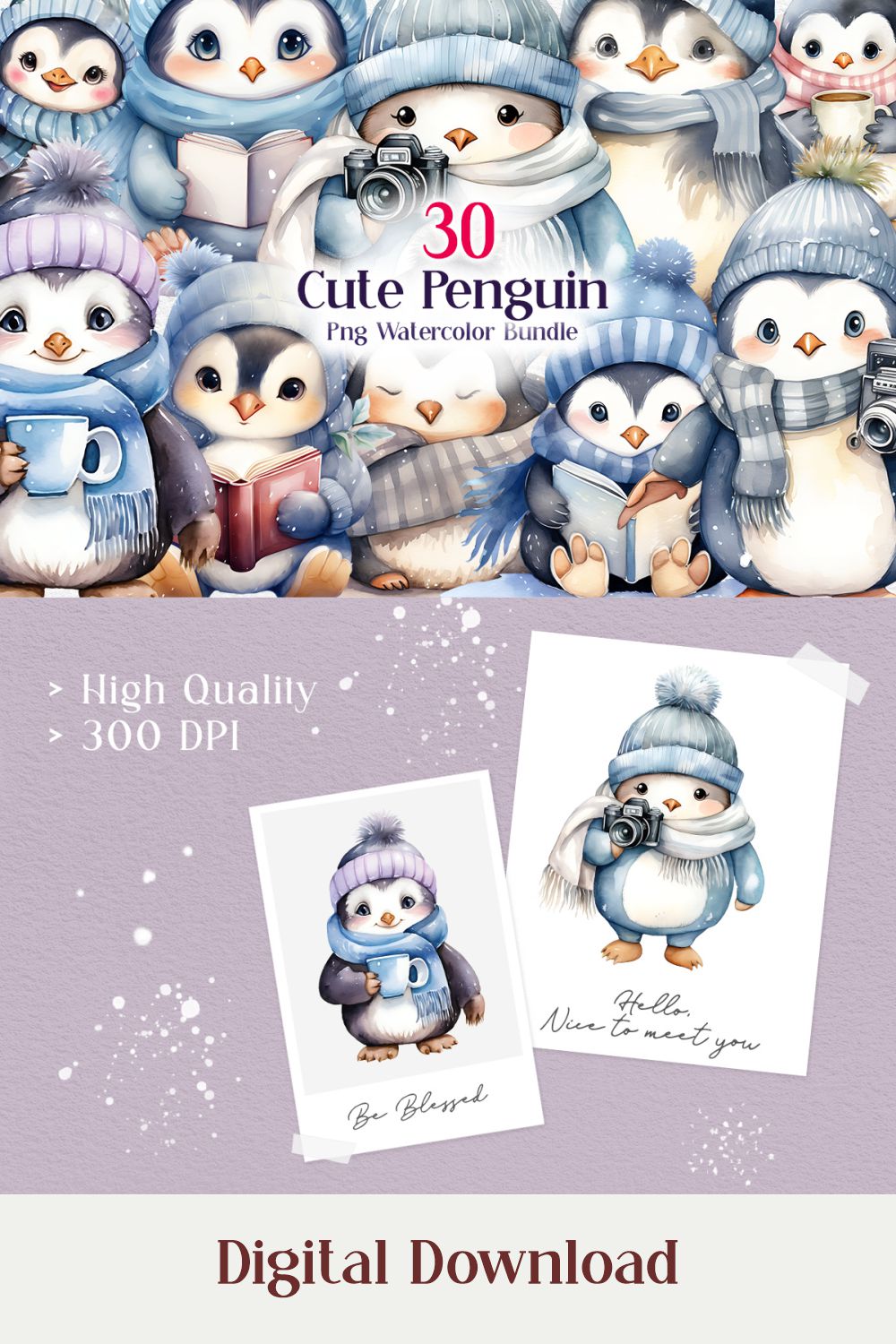 Cute Penguin Winter PNG Sublimation Clipart Bundle pinterest preview image.