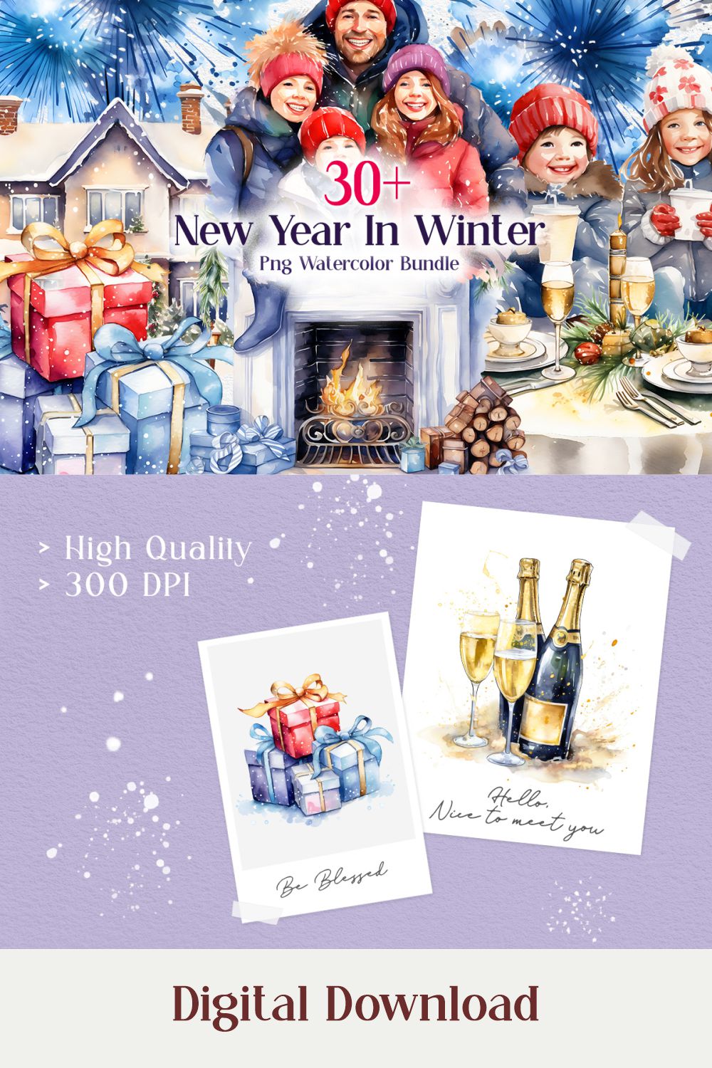 New Year in Winter Sublimation Clipart Bundle pinterest preview image.