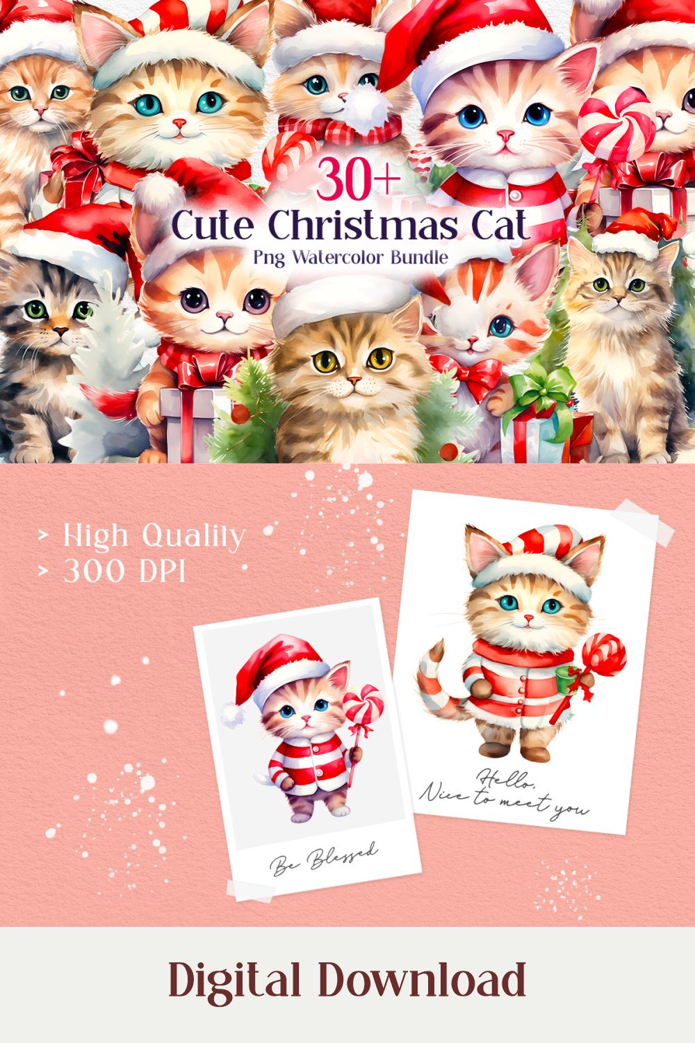 Cute Christmas Cat Sublimation Bundle, Cute Christmas Cat Clipart Watercolor pinterest preview image.