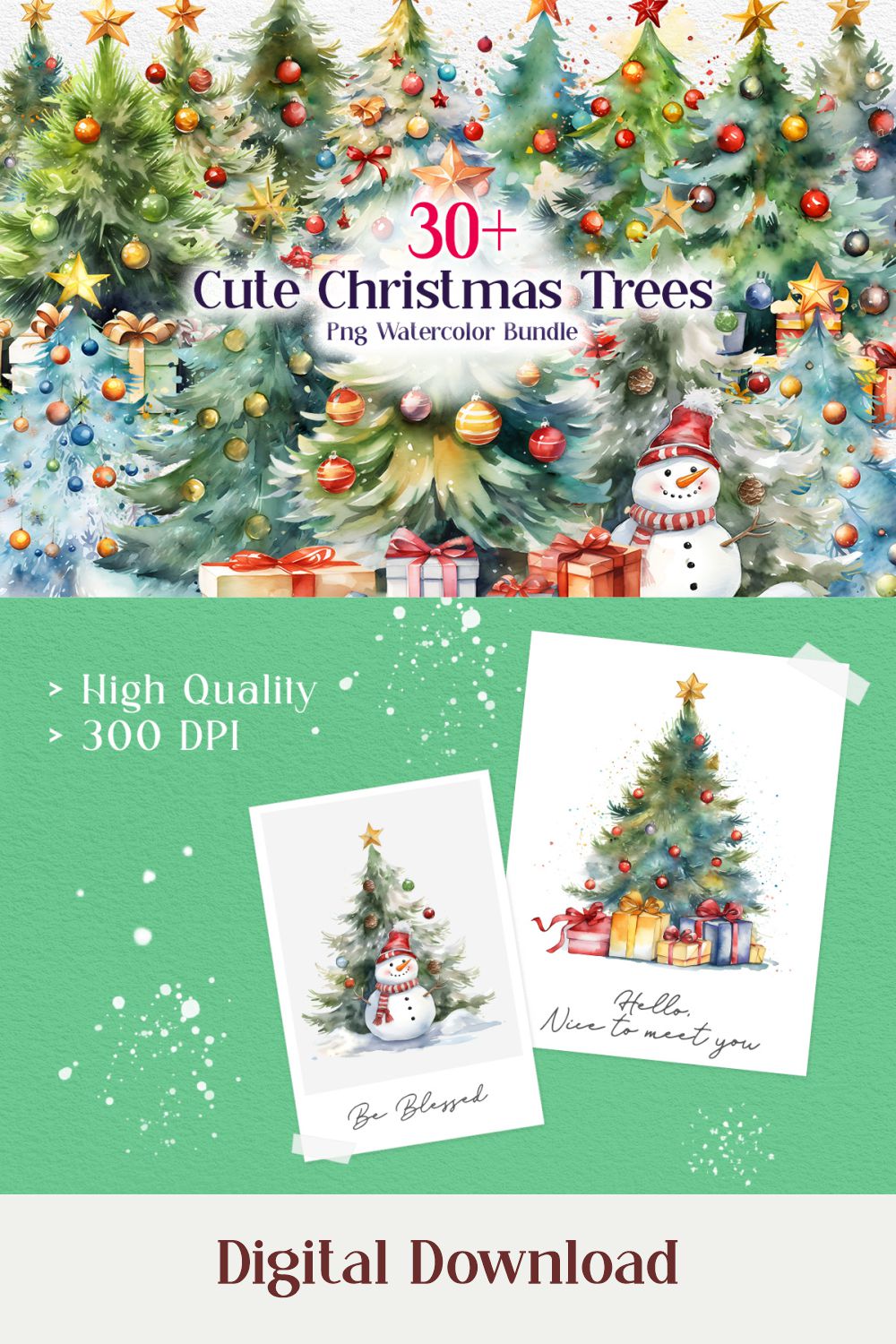 Watercolor Christmas Trees Clipart PNG Bundle pinterest preview image.