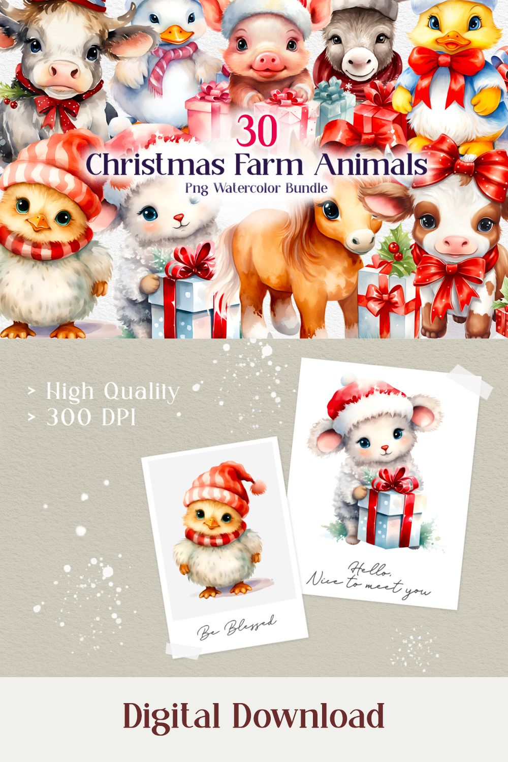 Christmas Farm Animals Sublimation, Watercolor Christmas Animal Clipart Bundle pinterest preview image.