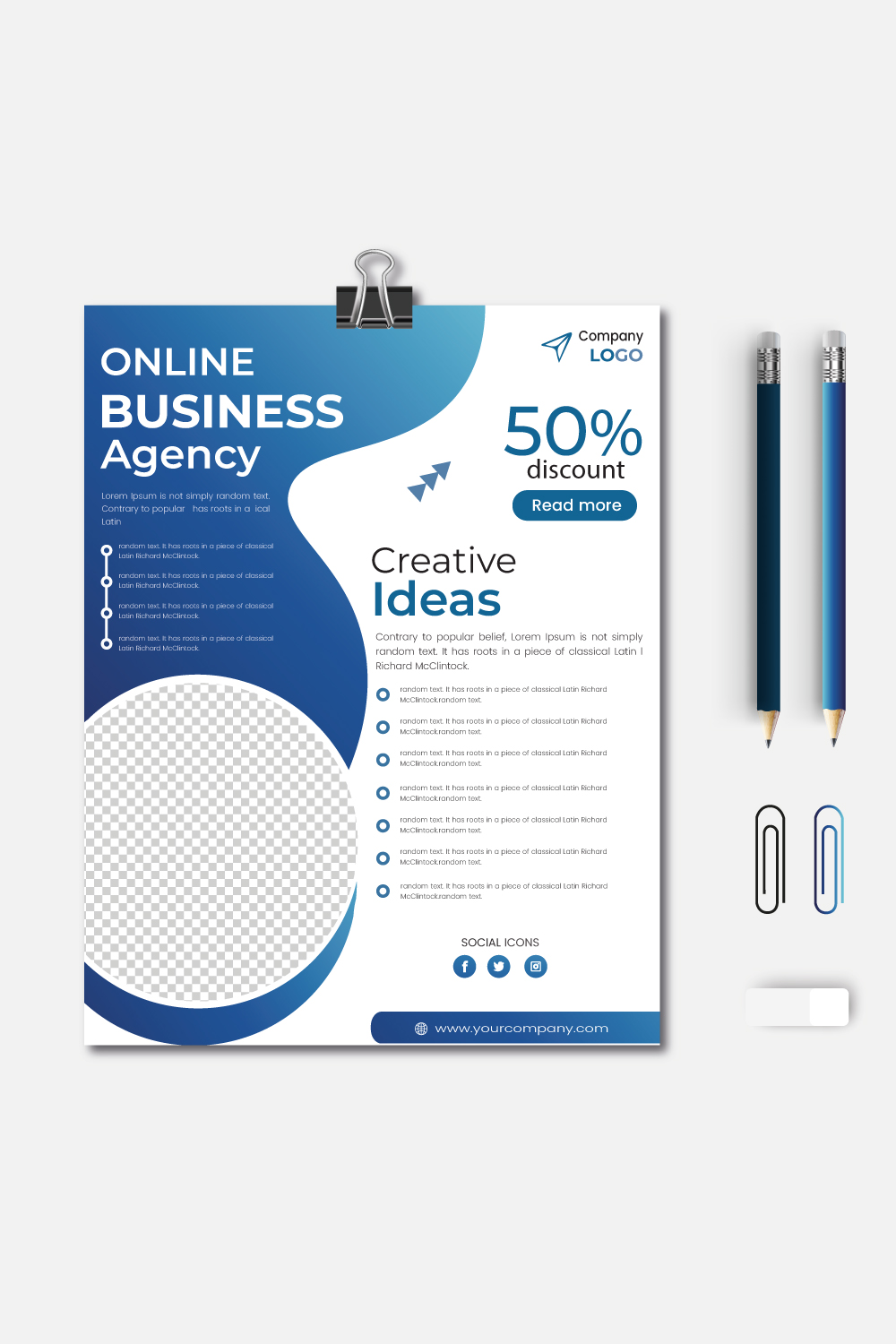 Business flyer Template with modern blue color size A4, Front and back, Easy to use and edit pinterest preview image.