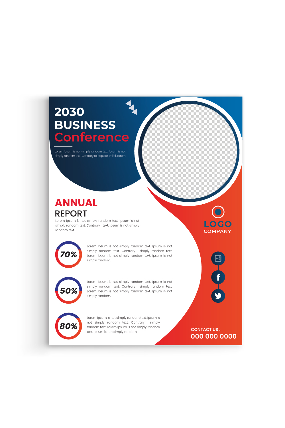 Red and blue circle shape flyer template with print ready, size a4 Vector pinterest preview image.