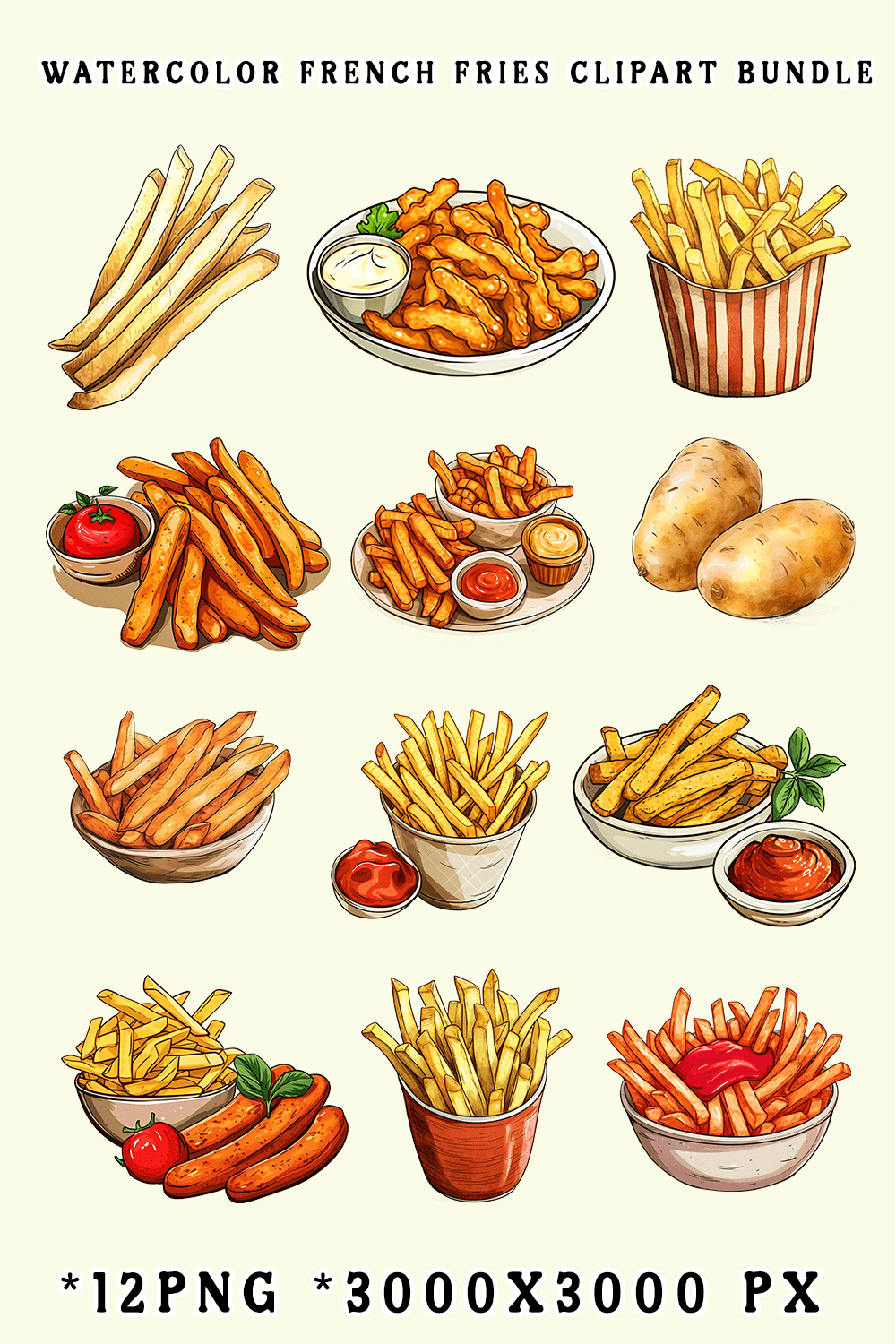Watercolor French Fries Clipart Bundle pinterest preview image.