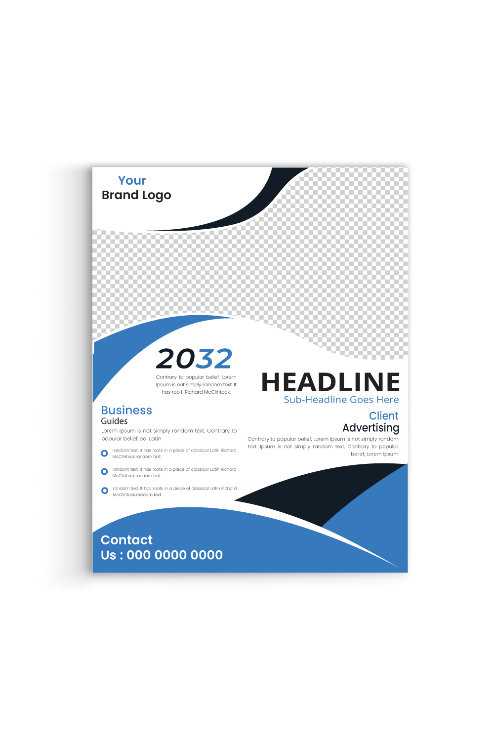 Wavy shape Corporate Presentation, Portfolio, Flyer layout modern with blue color size A4, Front and back, Easy to use and edit pinterest preview image.