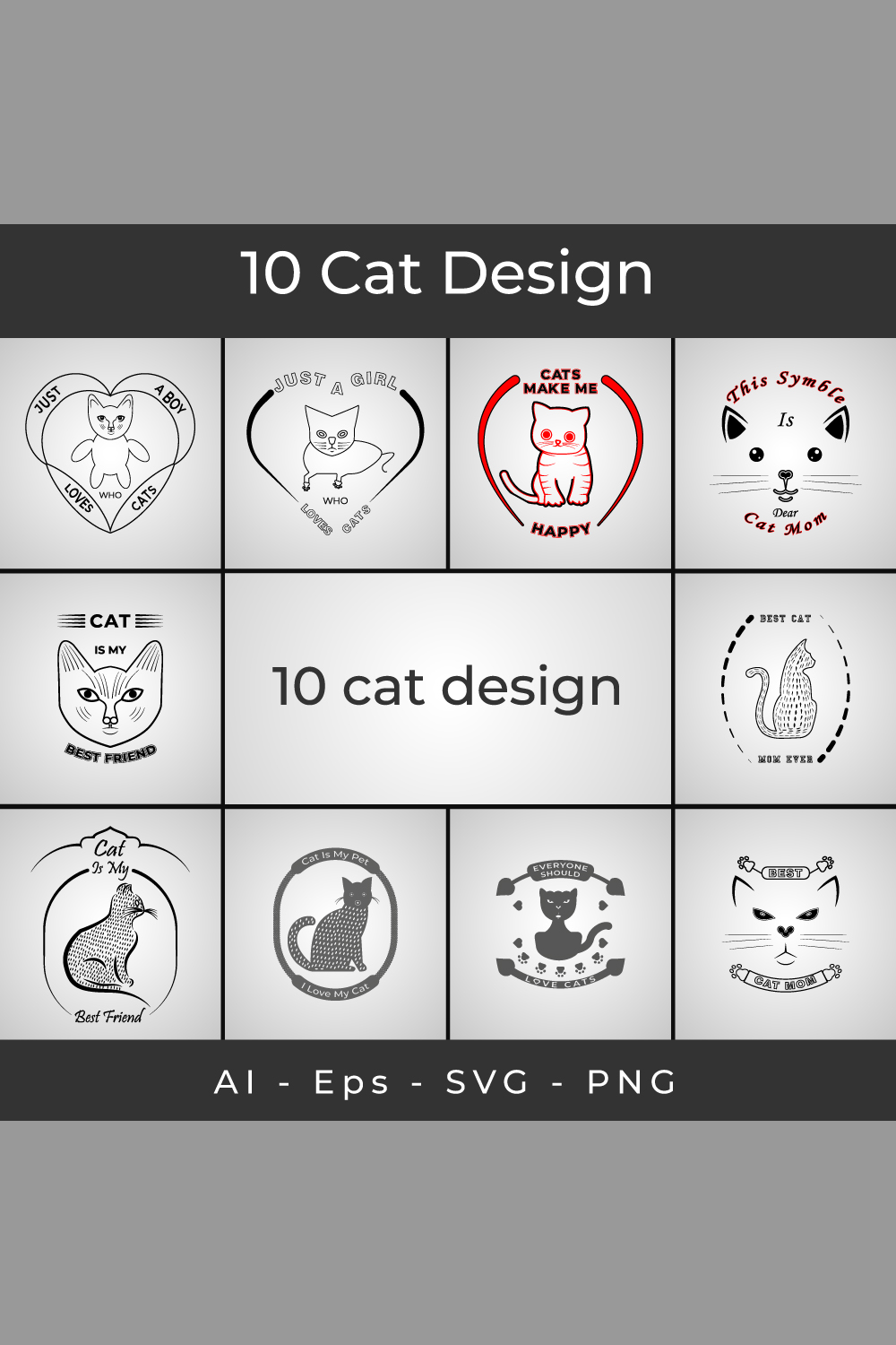 10 Cat Designs Bundle pinterest preview image.