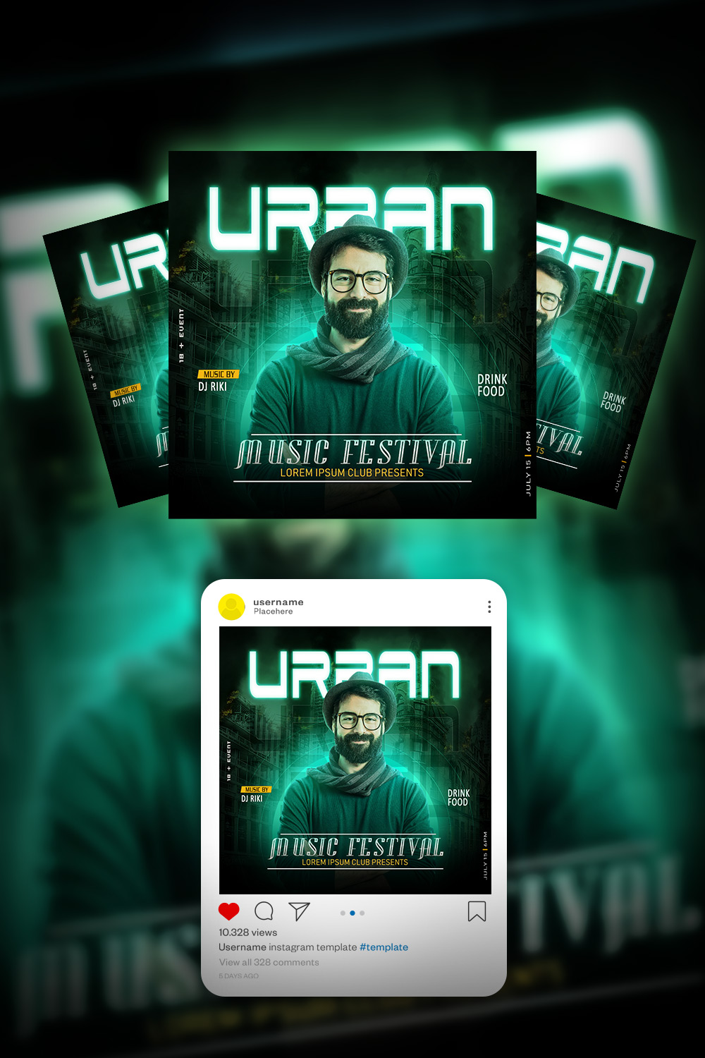 DJ, URBAN Music Party Flyer Design, social media post Photoshop Template Psd pinterest preview image.