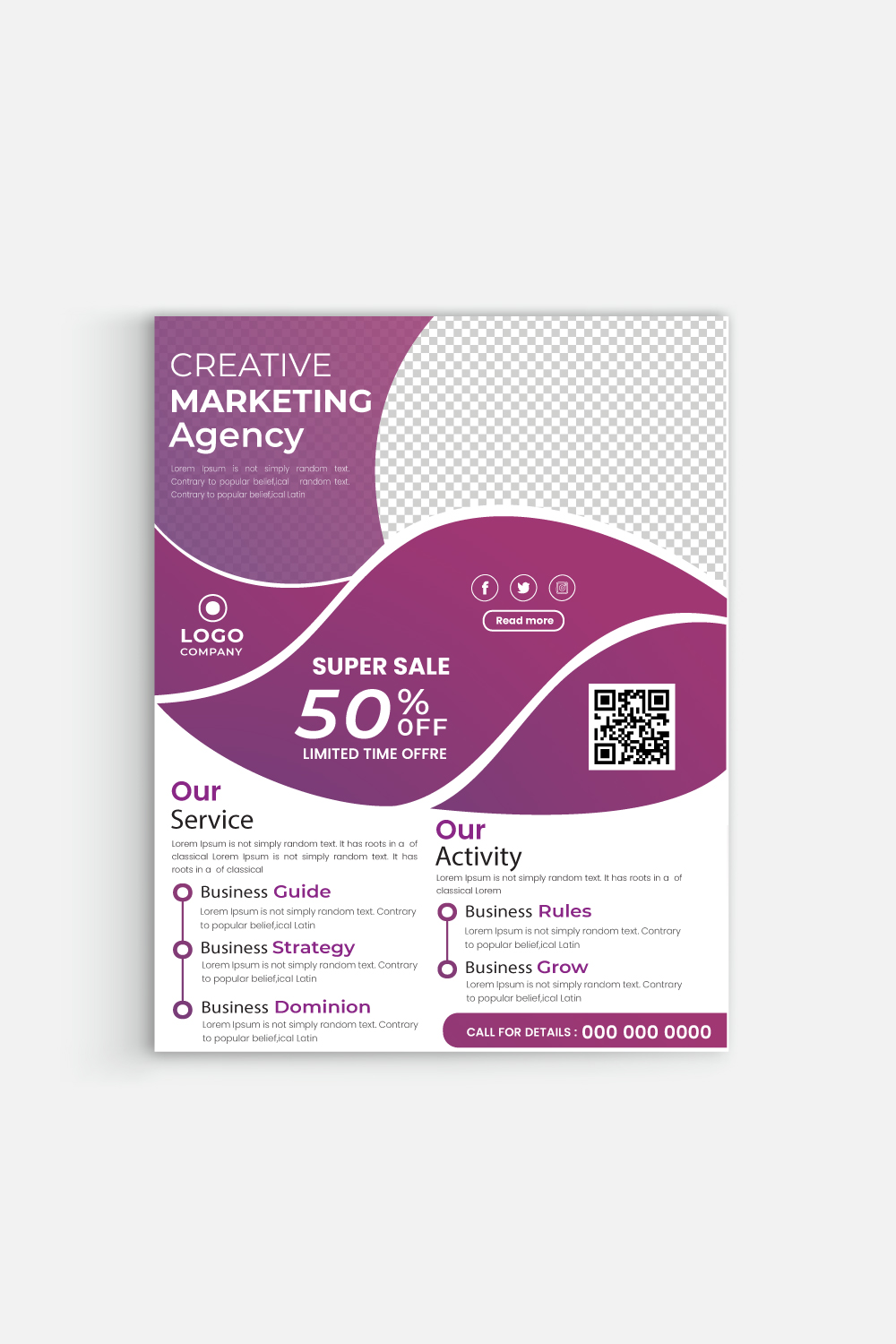 Annual report brochure flyer template, Maganta cover design for business advertisemen in A4 size pinterest preview image.
