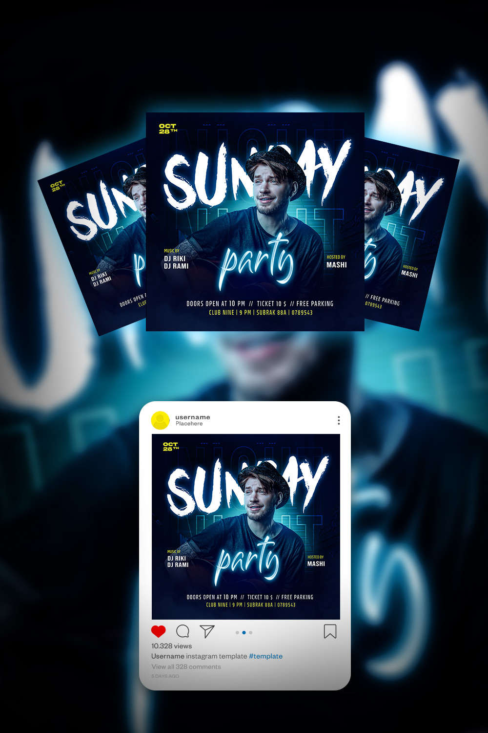 Sunday Party Flyer Dj party club party social media post and flyer template PSD pinterest preview image.