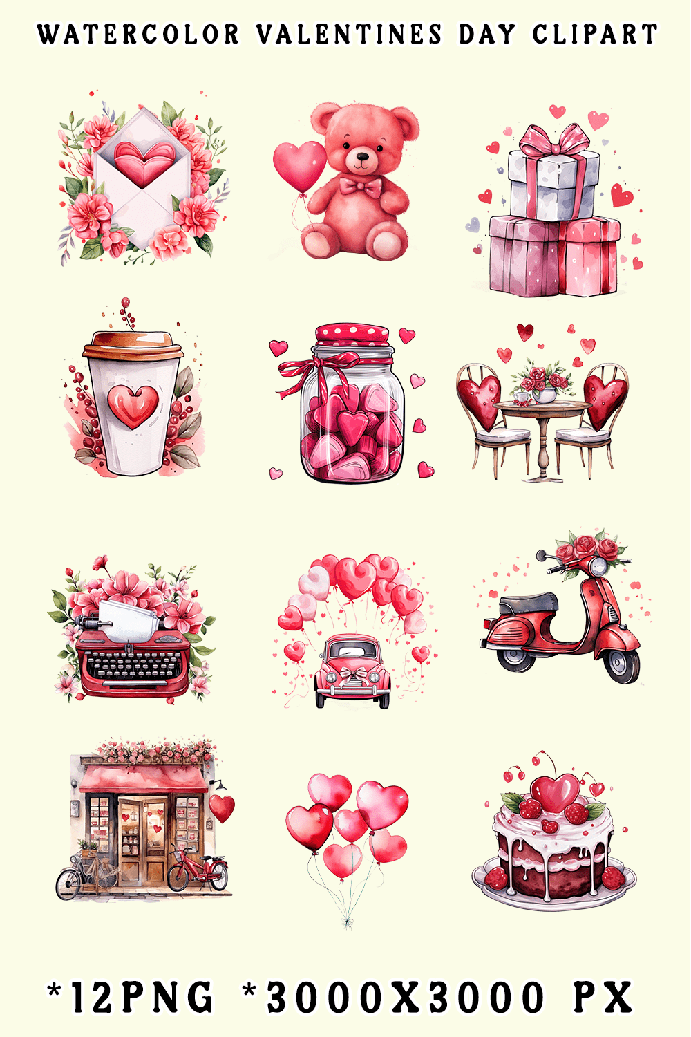 Watercolor Valentines Day Clipart pinterest preview image.
