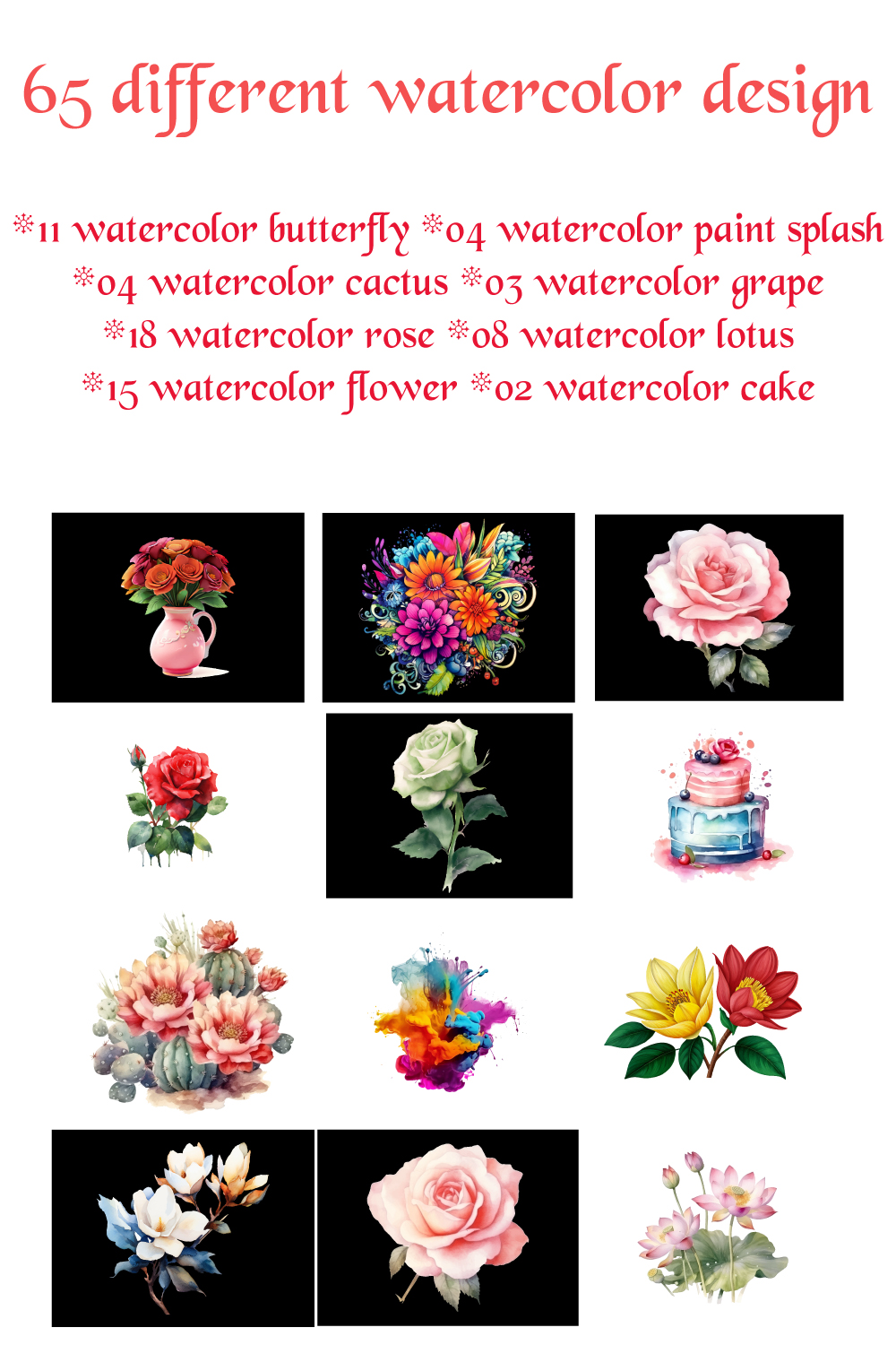 65 Different Watercolor Designs pinterest preview image.