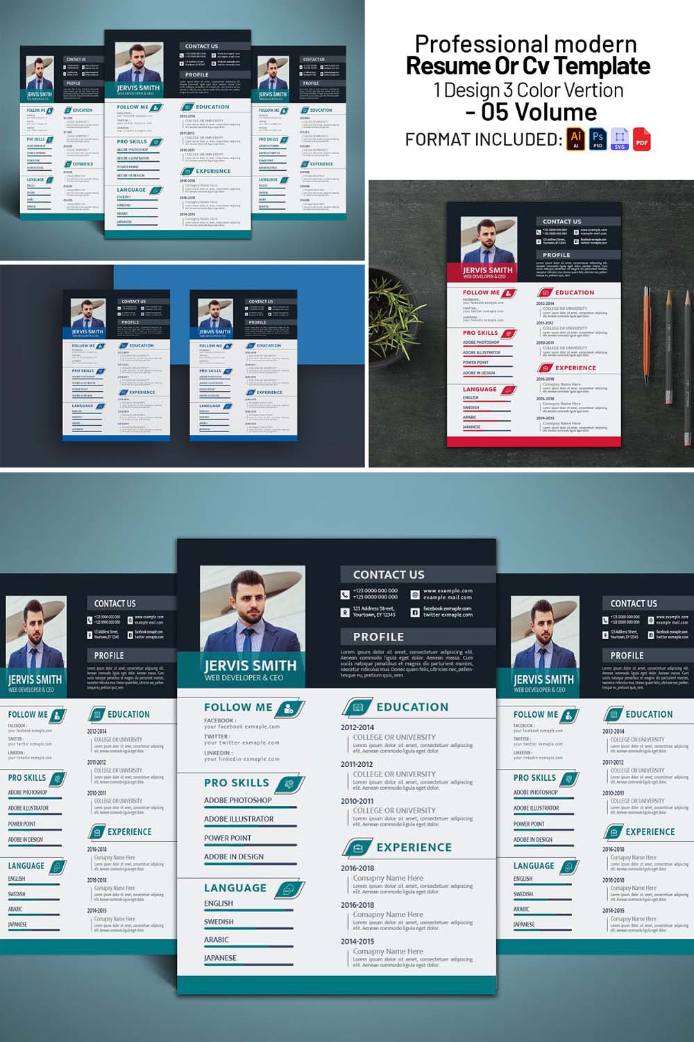 Clean and modern resume cv template pinterest preview image.