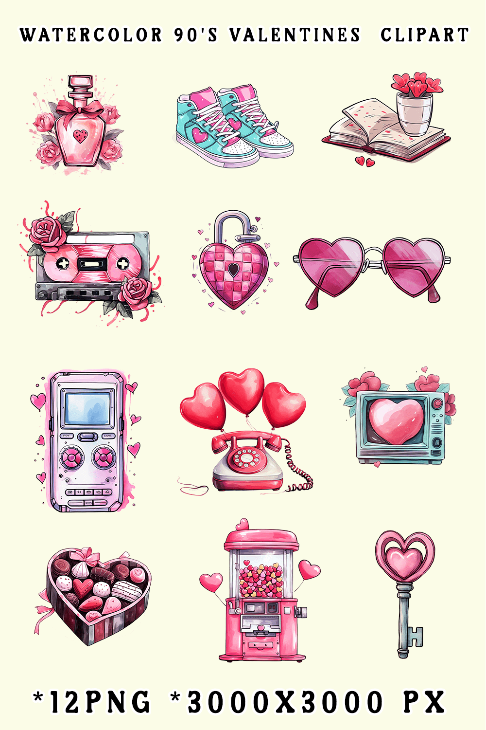 Watercolor 90's Valentines Clipart pinterest preview image.
