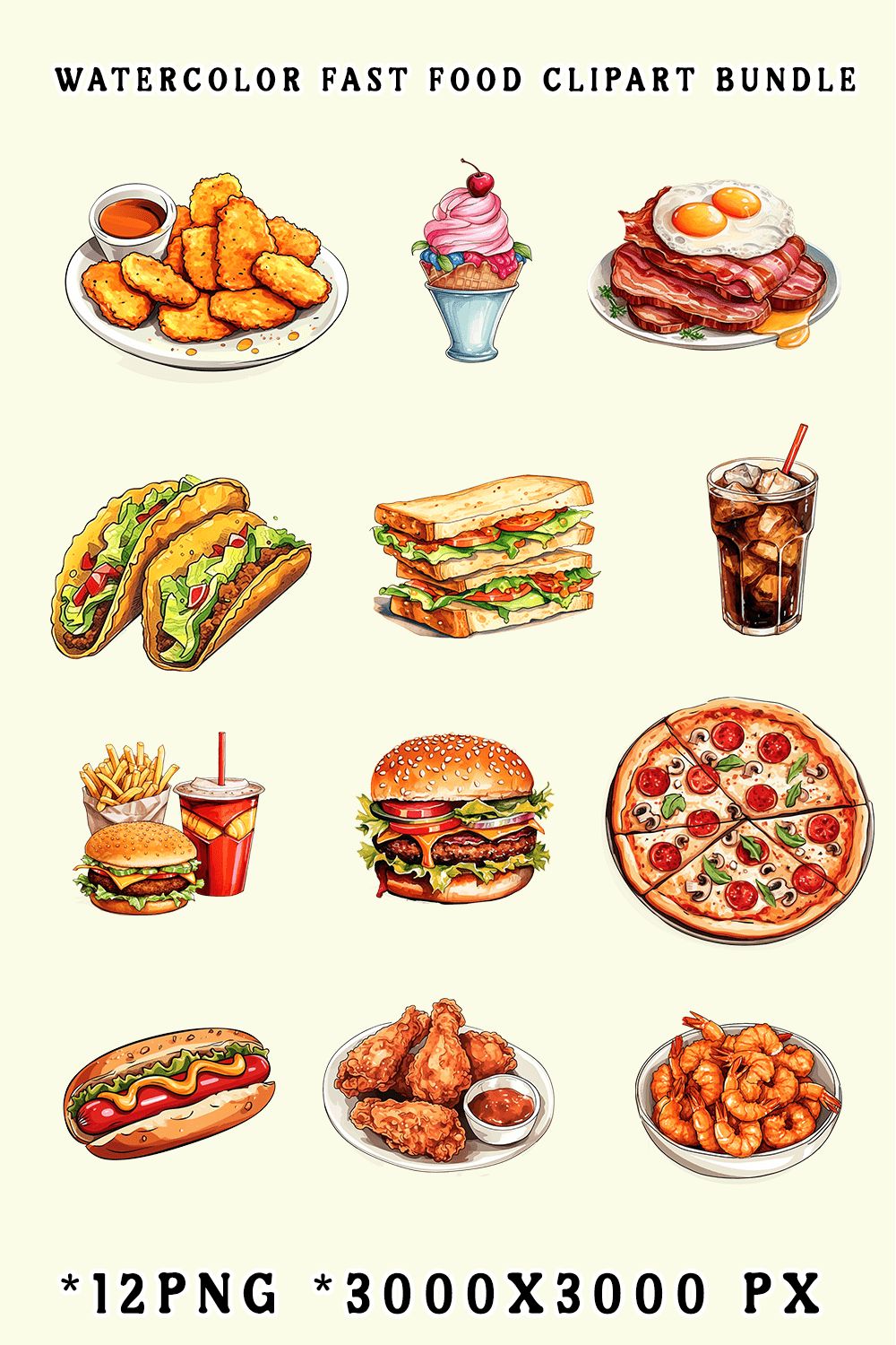 Watercolor Fast Food Clipart Bundle pinterest preview image.