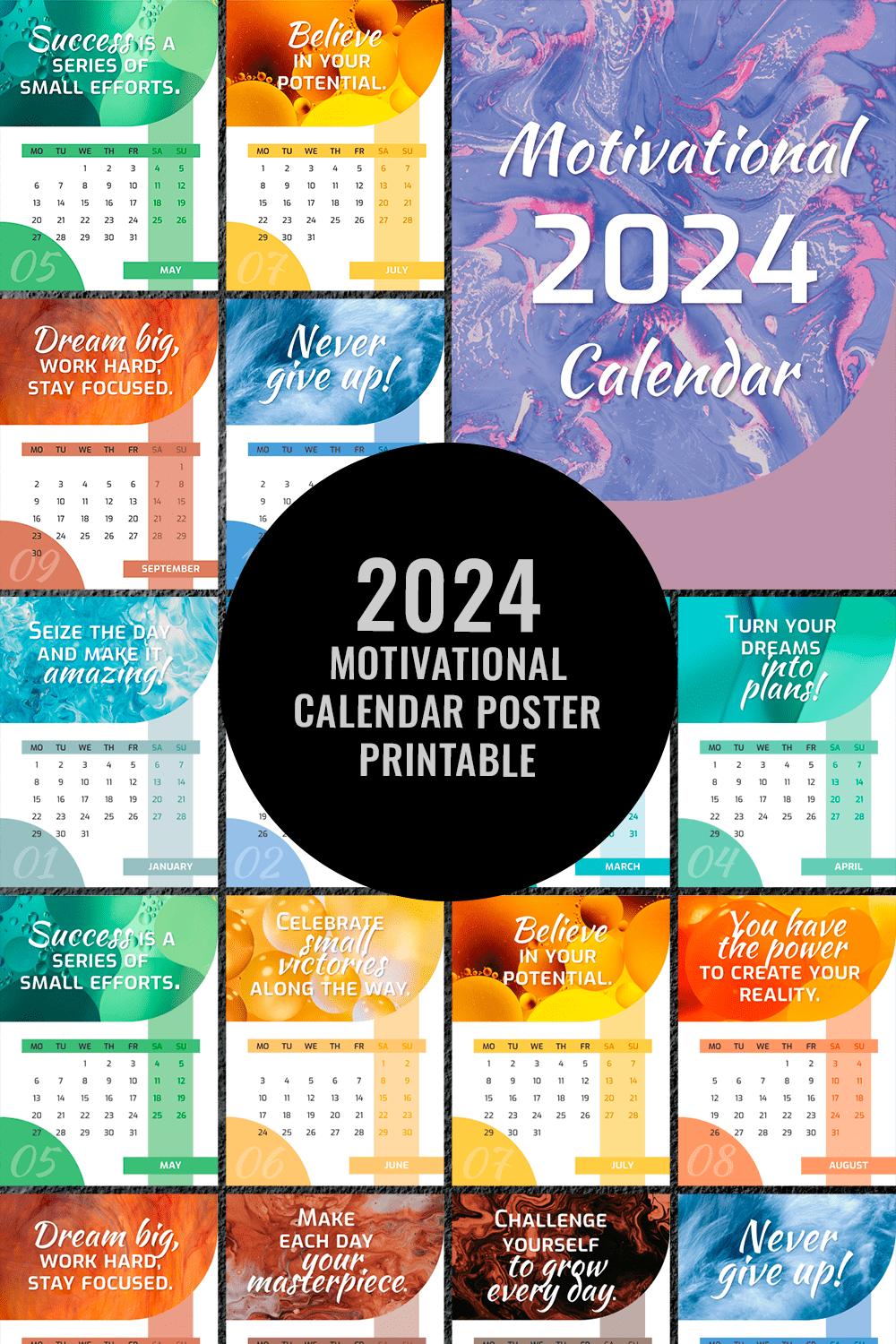 2024 Motivational Calendar Poster Printable [Sphinx Creatus] pinterest preview image.