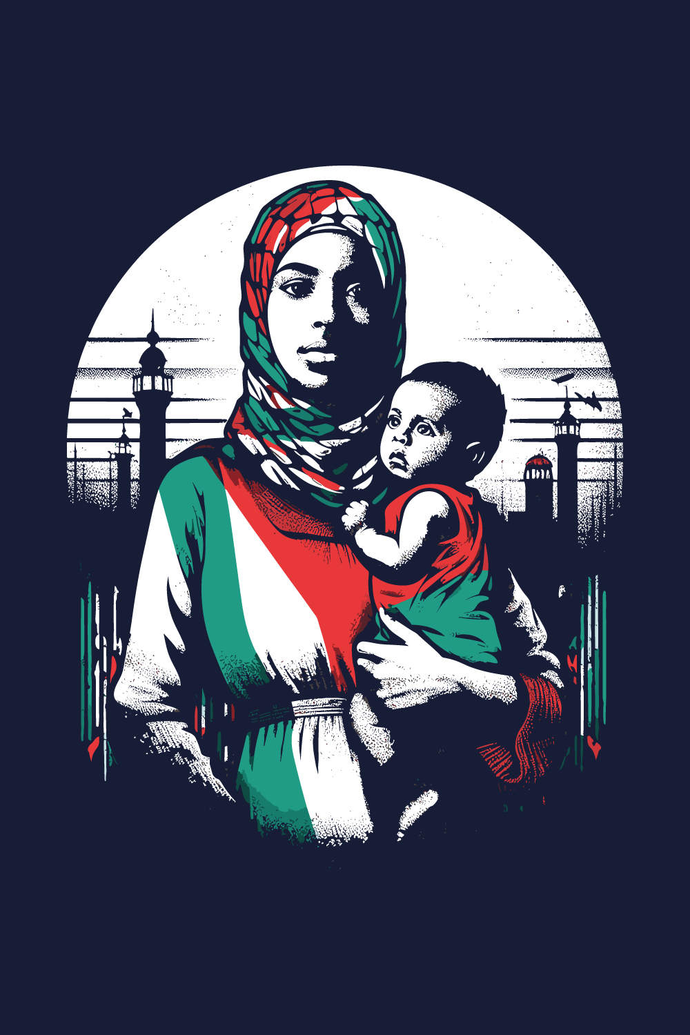 Mother and son t-shirt depicting the suffering and struggle of Palestine with letter or flag on white background pinterest preview image.