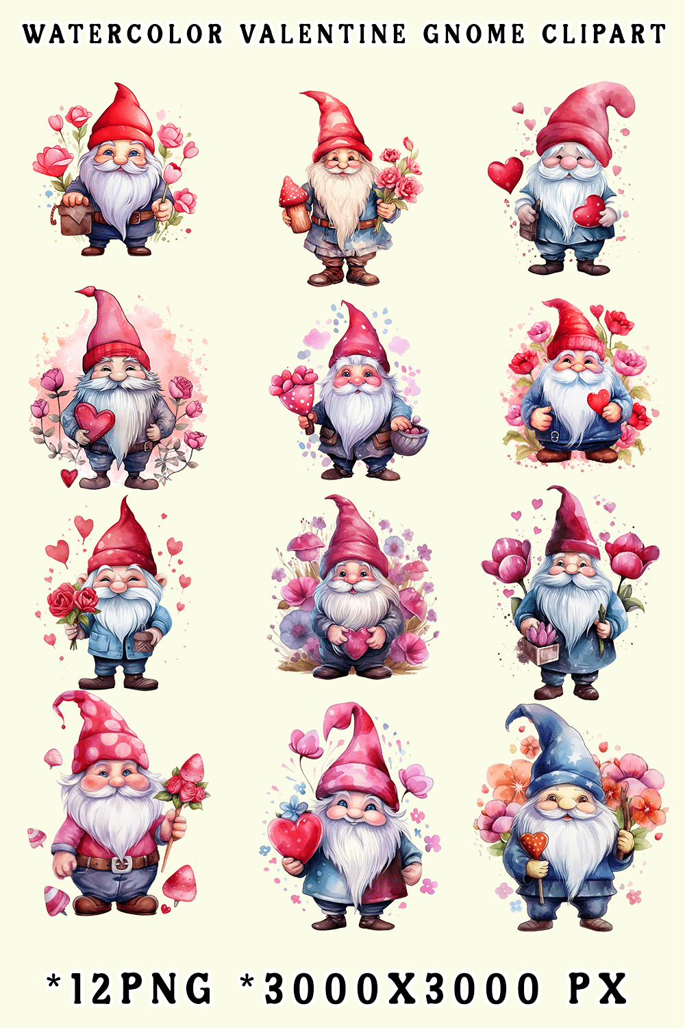 Watercolor Valentine Gnome Clipart pinterest preview image.