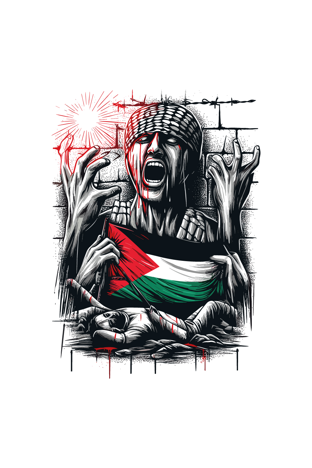 t-shirt depicting the suffering and struggle of Palestine with letter or flag on white background pinterest preview image.