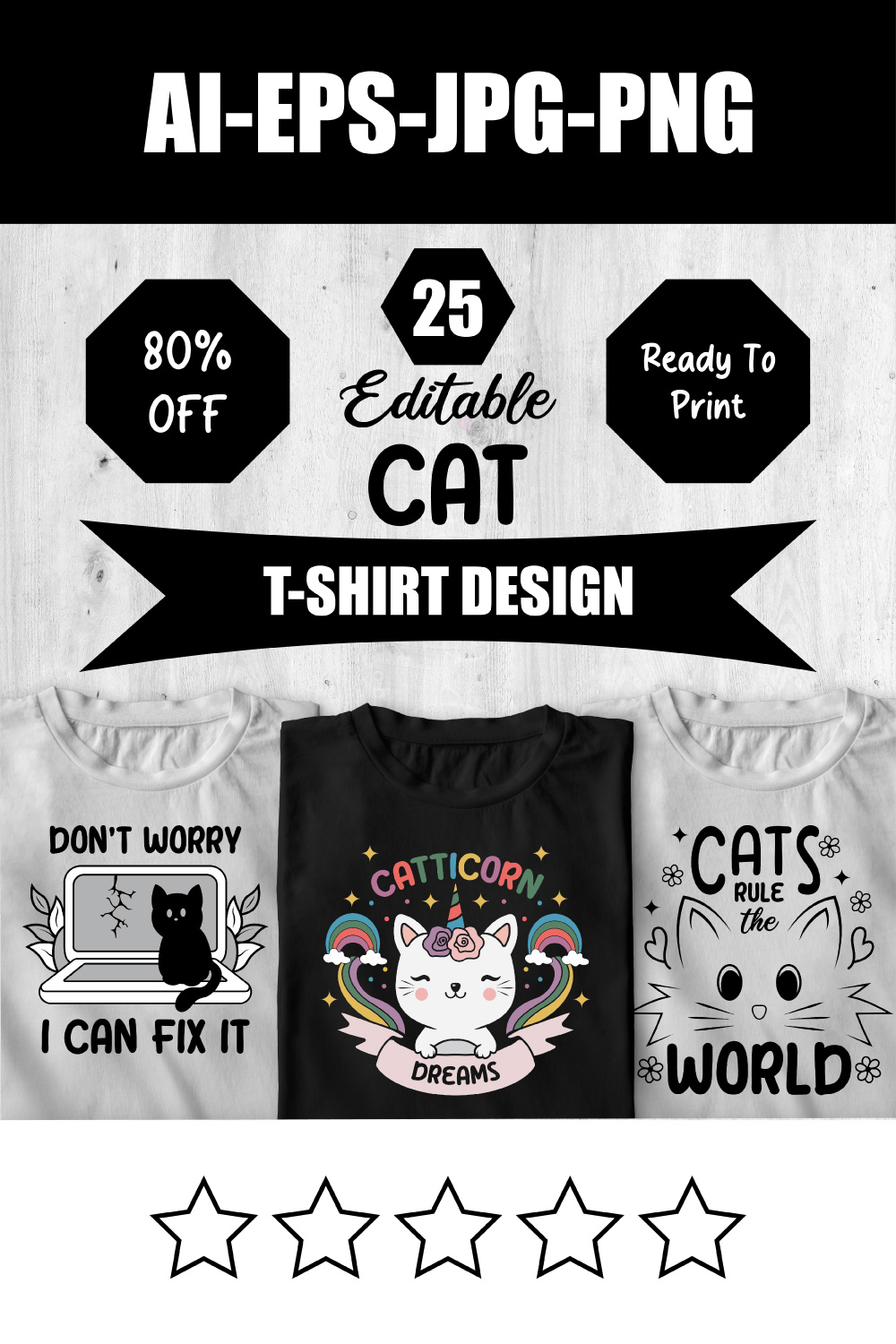 25 Editable Cat T Shirt Design Bundle pinterest preview image.