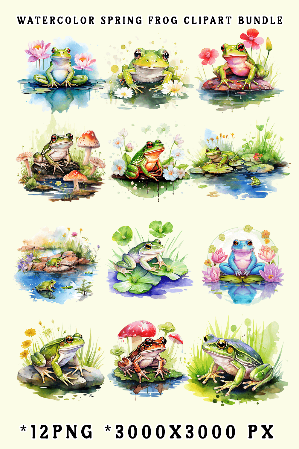 Watercolor Spring Frog Clipart Bundle pinterest preview image.