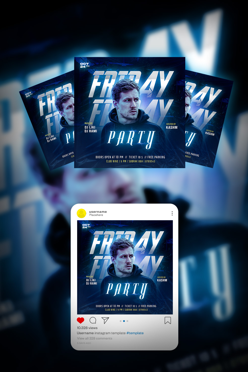 Friday Party Flyer dj party club party social media post and flyer template PSD pinterest preview image.