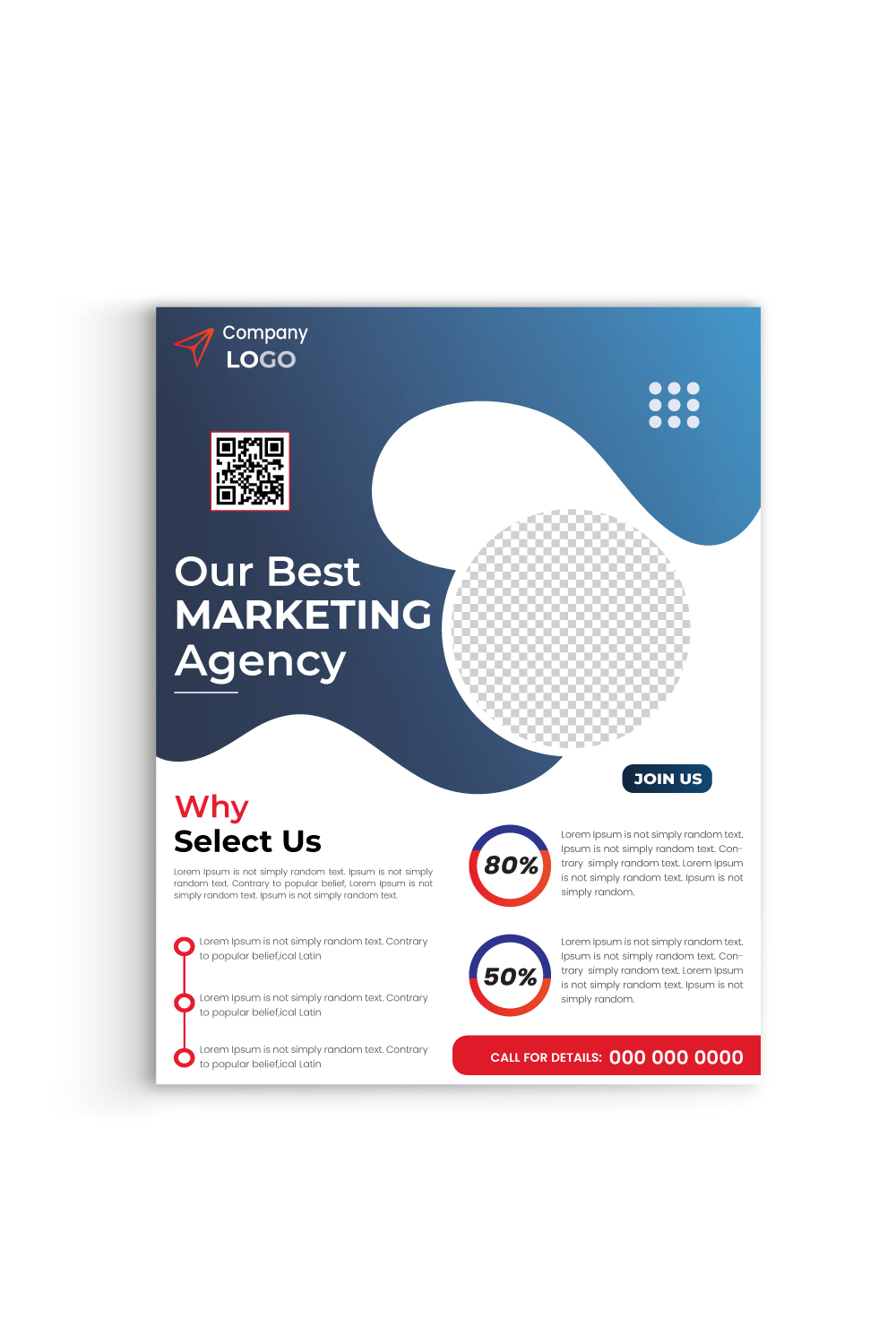 Abstract red and blue modern corporate flyer, poster template with geometric element pinterest preview image.