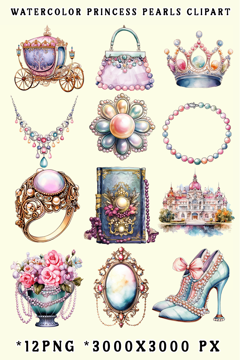 Watercolor Princess Pearls Clipart pinterest preview image.