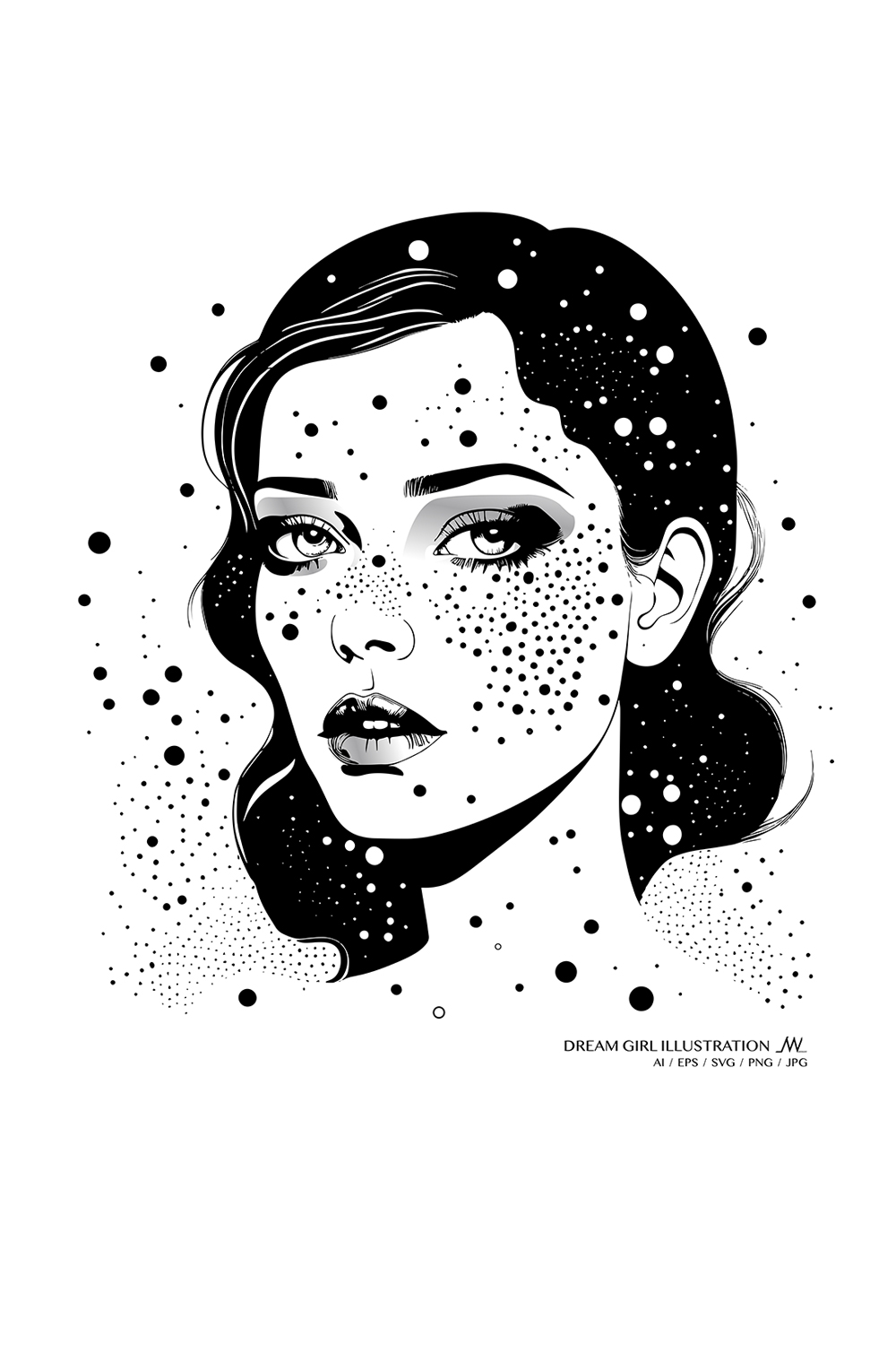 Dream Girl illustration bundle, young dream girl face in SVG vector pinterest preview image.