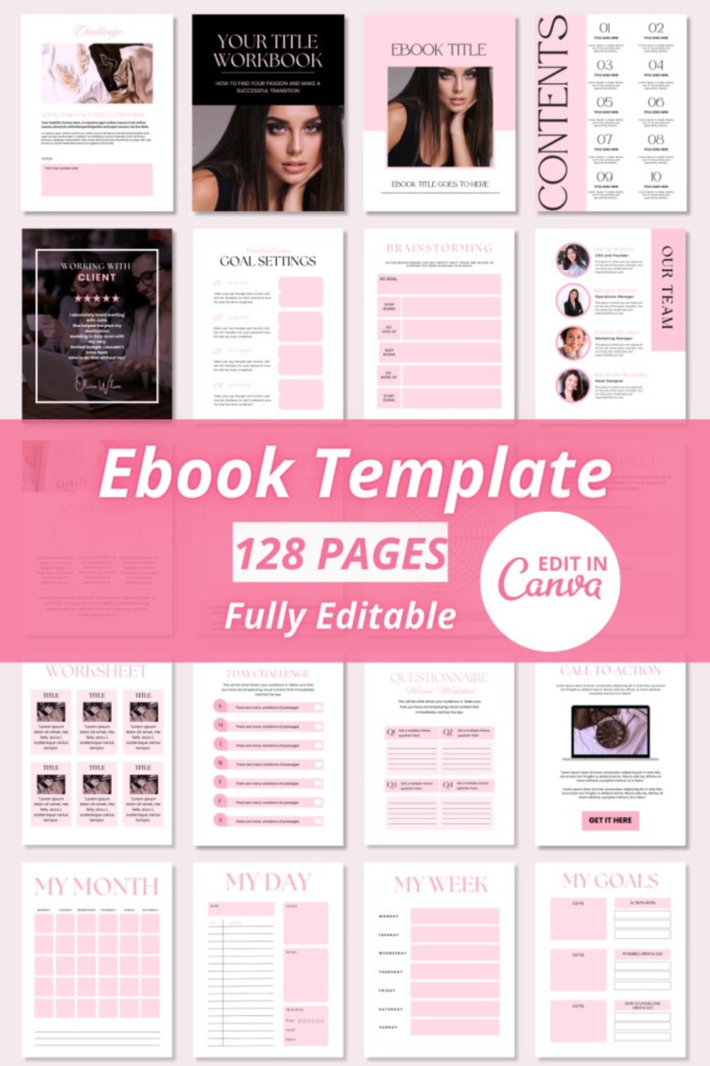 Ebook Template Canva | Coaching Guide Book Canva Template| Lead Magnet Ebook | Course Creator Template | Modern Workbook | Coaching Workbook | Worksheet eBook, Coaches, Bloggers, Opt In, Charts, Checklists, Planners, Webinar, Challenges Template | pinterest preview image.