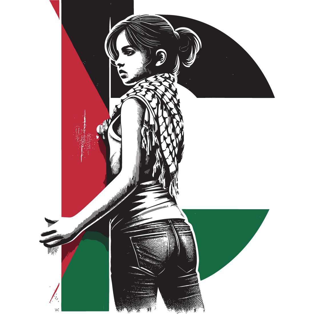 A Palestine girls t-shirt depicting the suffering and struggle of with letter or flag on white background cover image.