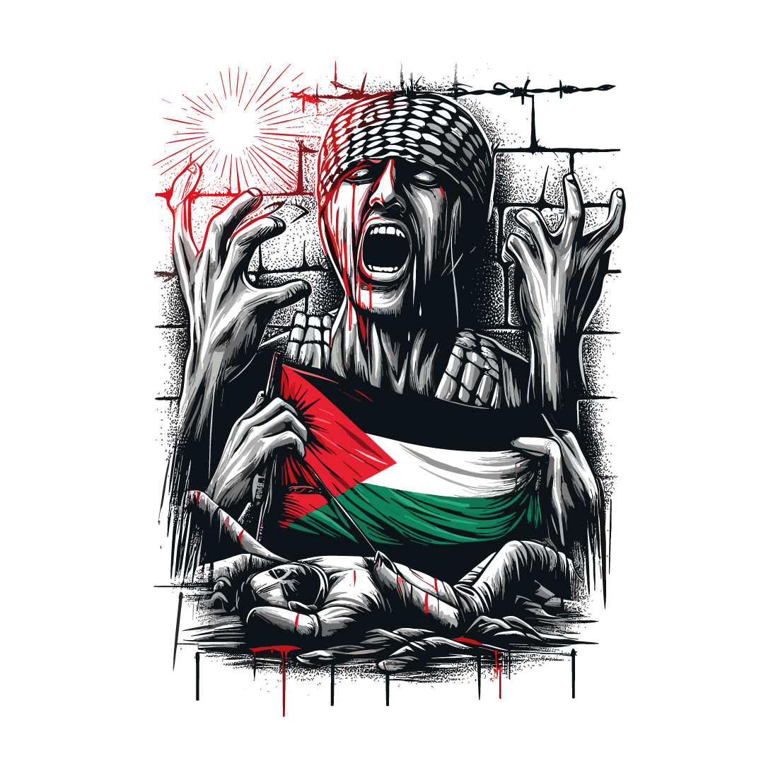 t-shirt depicting the suffering and struggle of Palestine with letter or flag on white background cover image.
