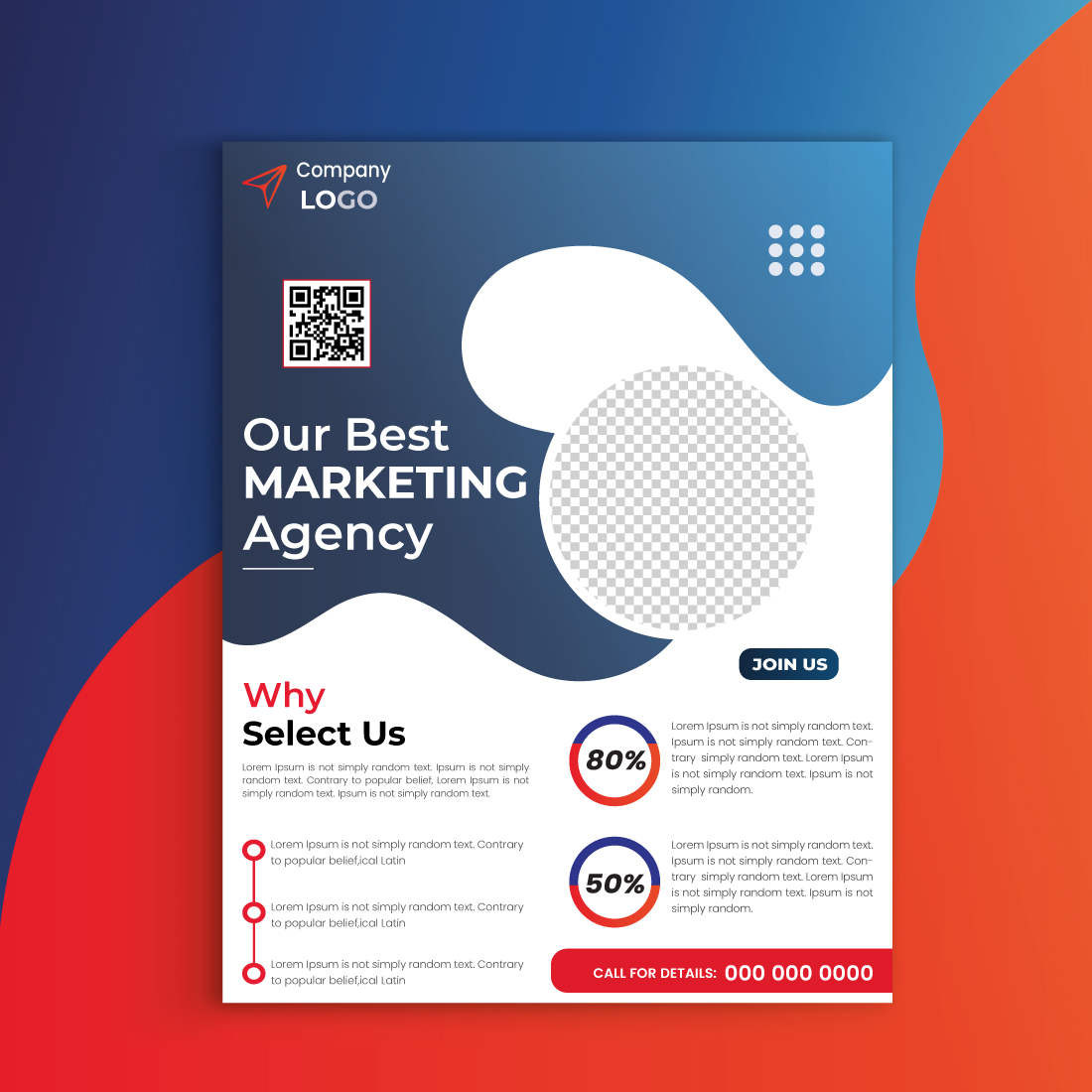 Abstract red and blue modern corporate flyer, poster template with geometric element cover image.