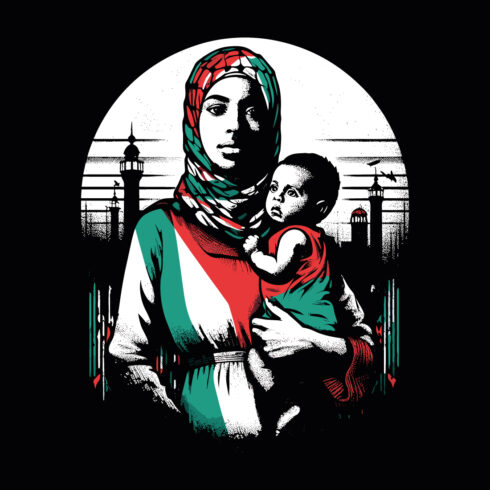 Mother and son t-shirt depicting the suffering and struggle of Palestine with letter or flag on white background cover image.
