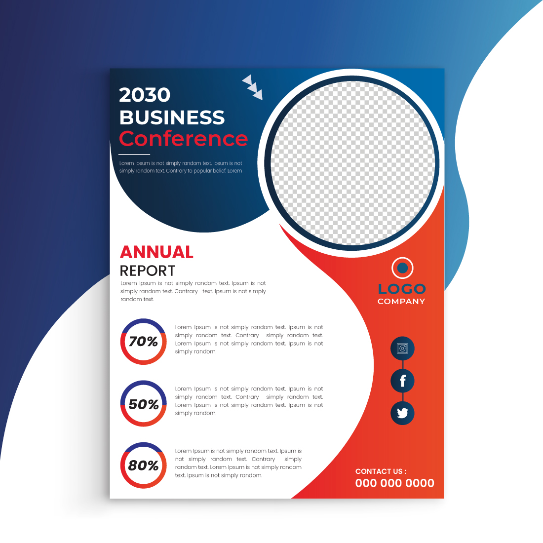 Red and blue circle shape flyer template with print ready, size a4 Vector preview image.